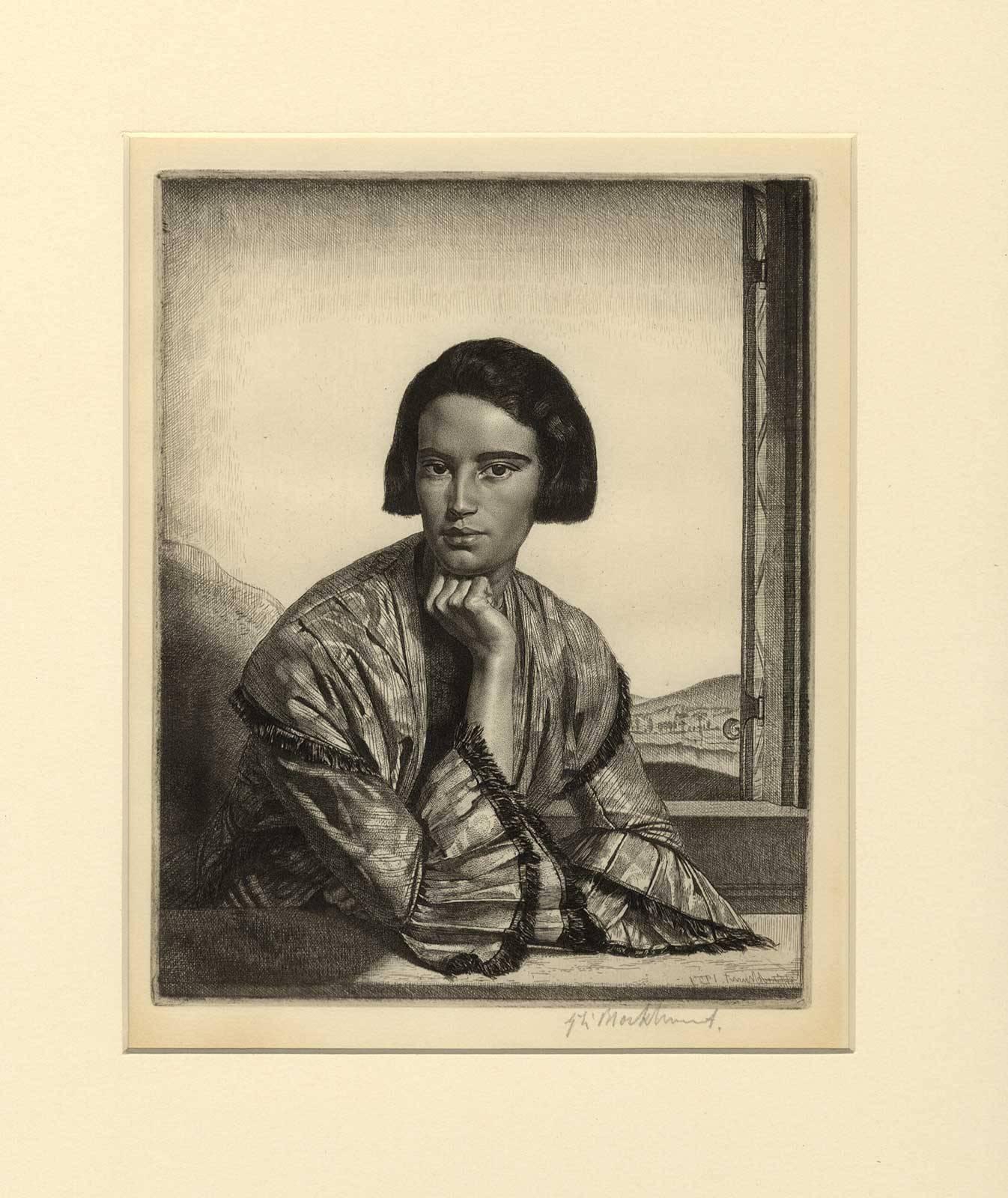 Gerald Leslie Brockhurst Portrait Print - Viba (etched portrait of an elegant woman posed in front of a rocky landscape)