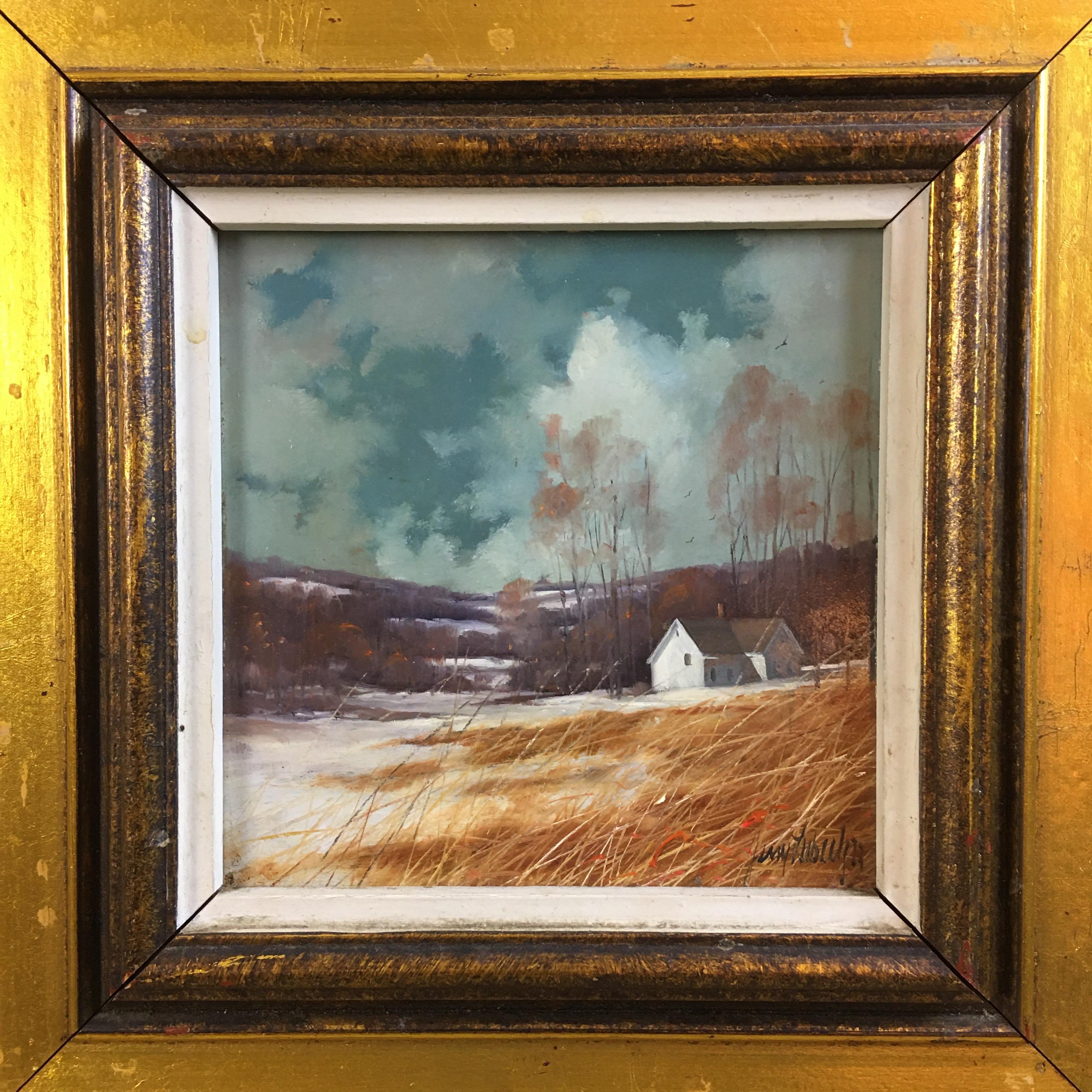 Gerald lubeck oil on masonite landscape. Great little painting that depicts a farmhouse on a winter day with snow in the fields. Signed bottom right. Painting measures: 5.5 square, with frame 10.5 square.