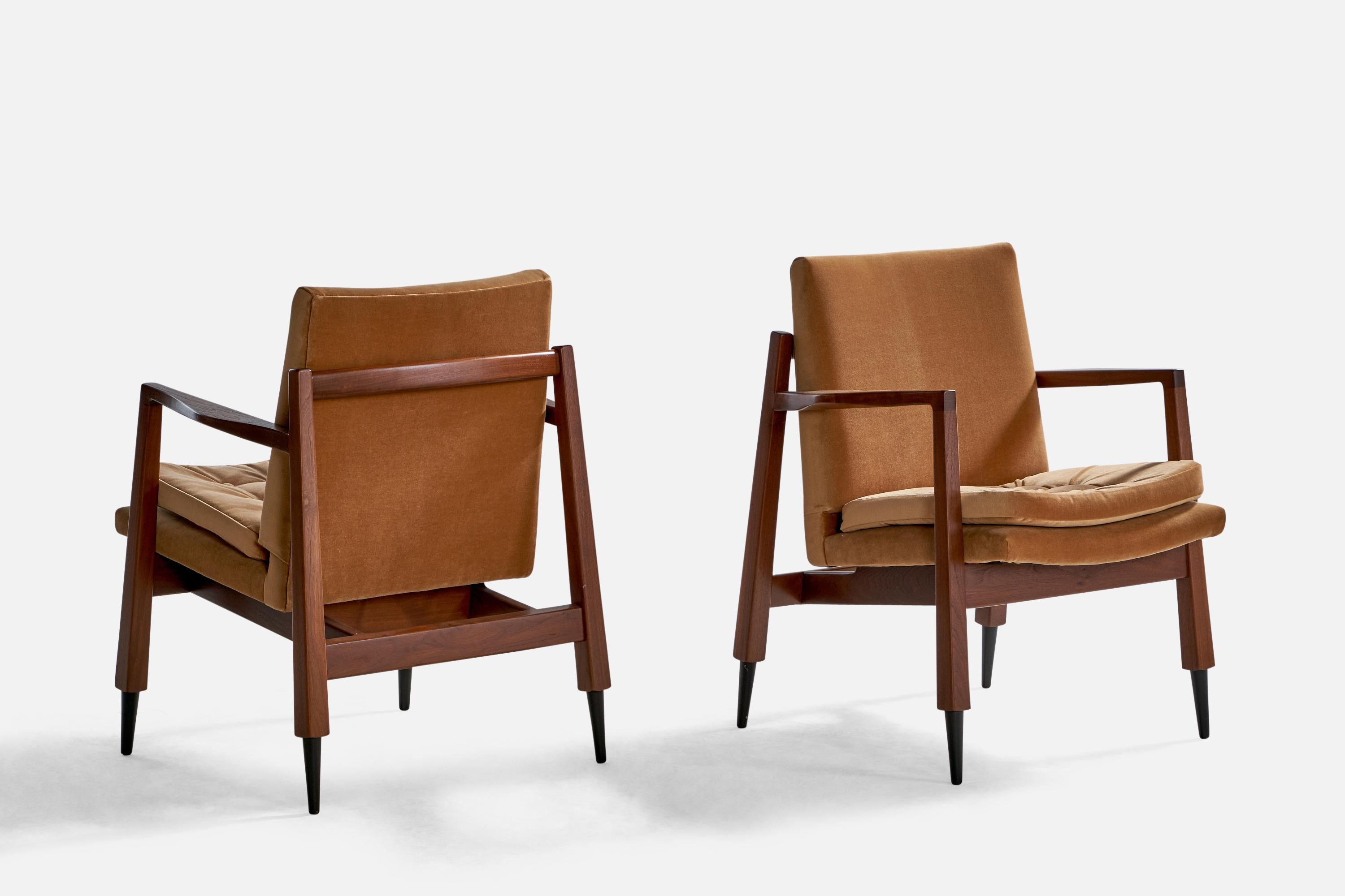 American Gerald Luss, Armchairs, Walnut, Velvet, Metal, USA, 1950s For Sale