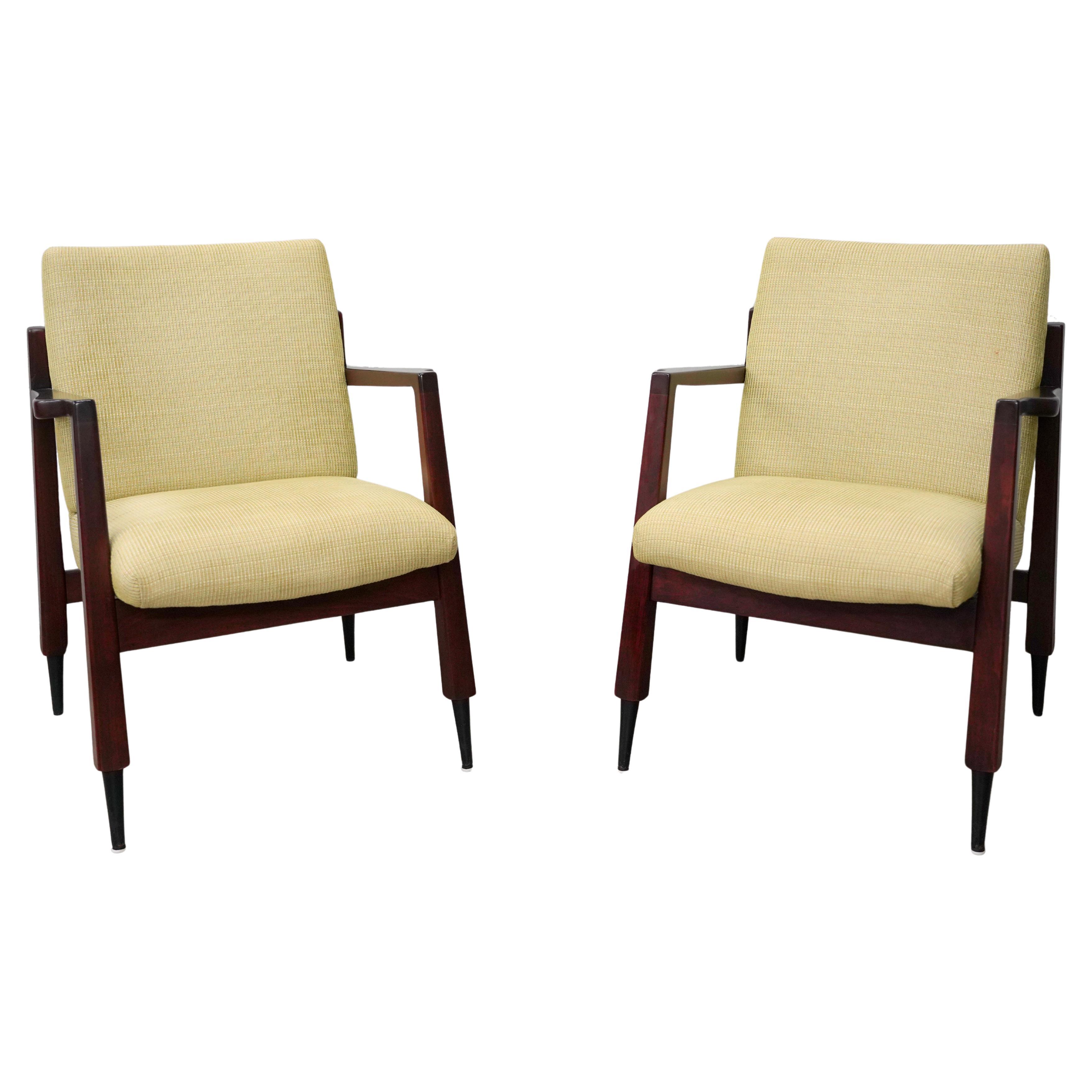 Gerald Luss Walnut and Yellow Chenille Armchairs, 1950s - a Pair