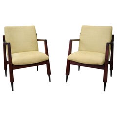 Gerald Luss Walnut and Yellow Chenille Armchairs, 1950s - a Pair
