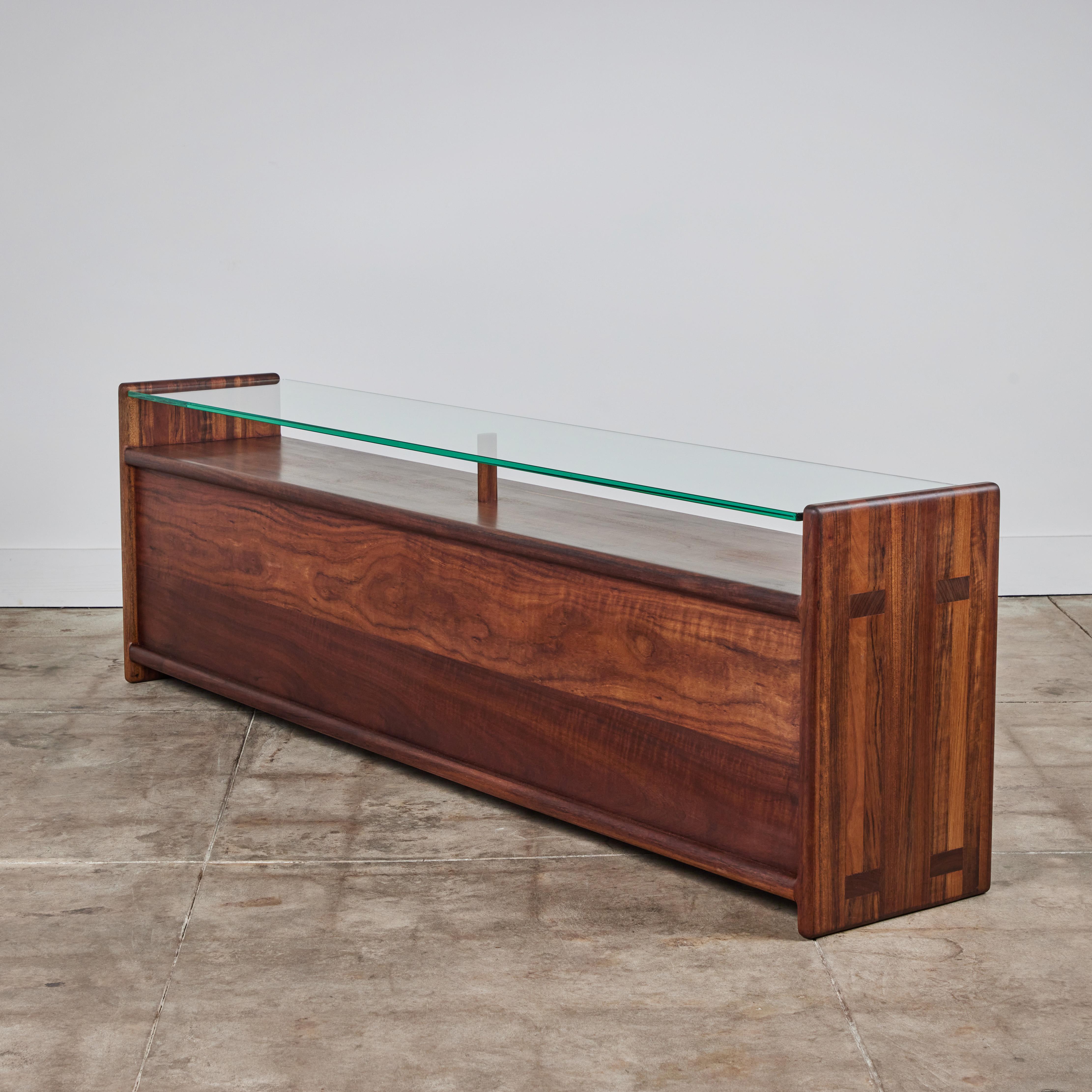 Mid-Century Modern Gerald McCabe Console in Shedua with Glass Top For Sale