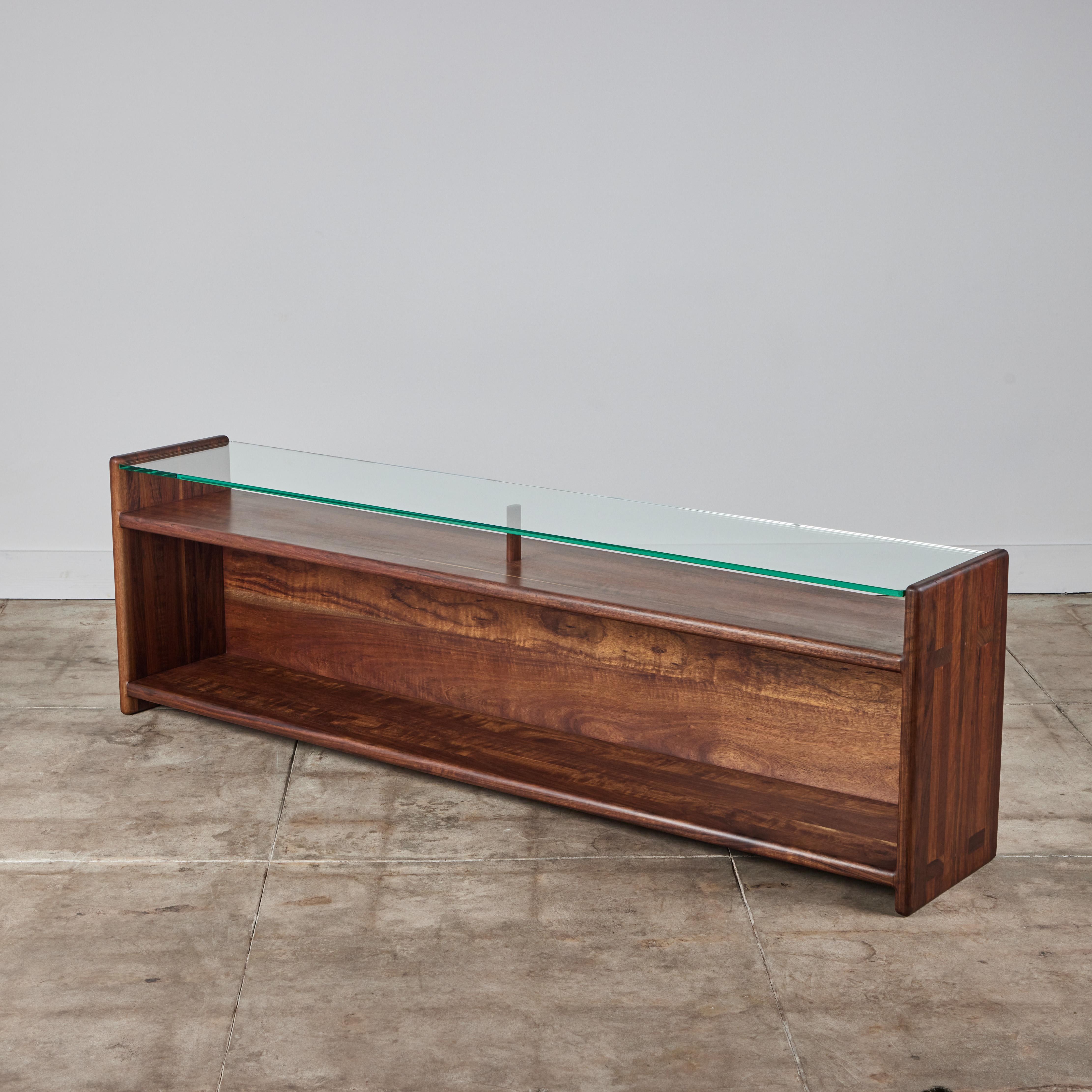 American Gerald McCabe Console in Shedua with Glass Top For Sale