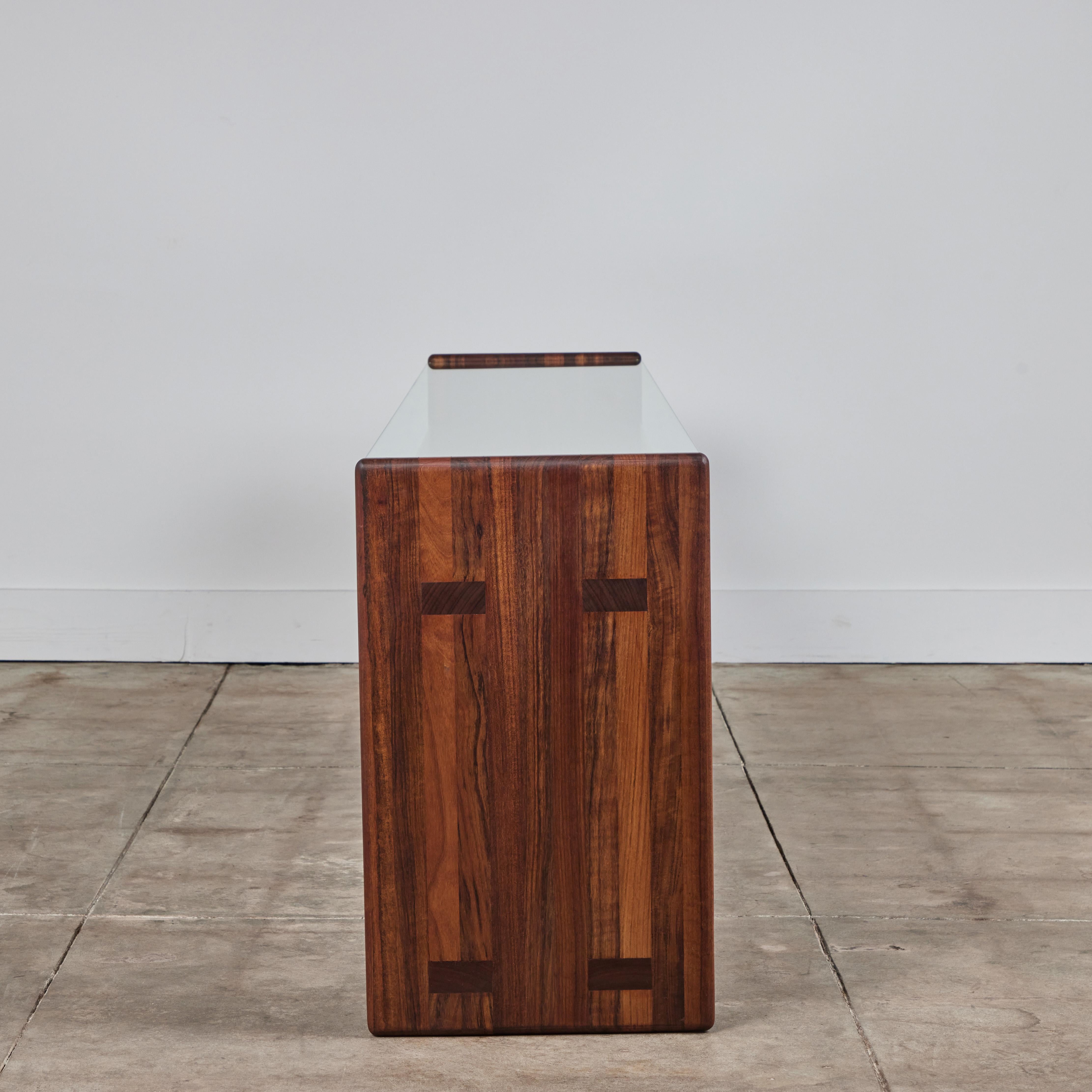 Gerald McCabe Console in Shedua with Glass Top In Excellent Condition In Los Angeles, CA