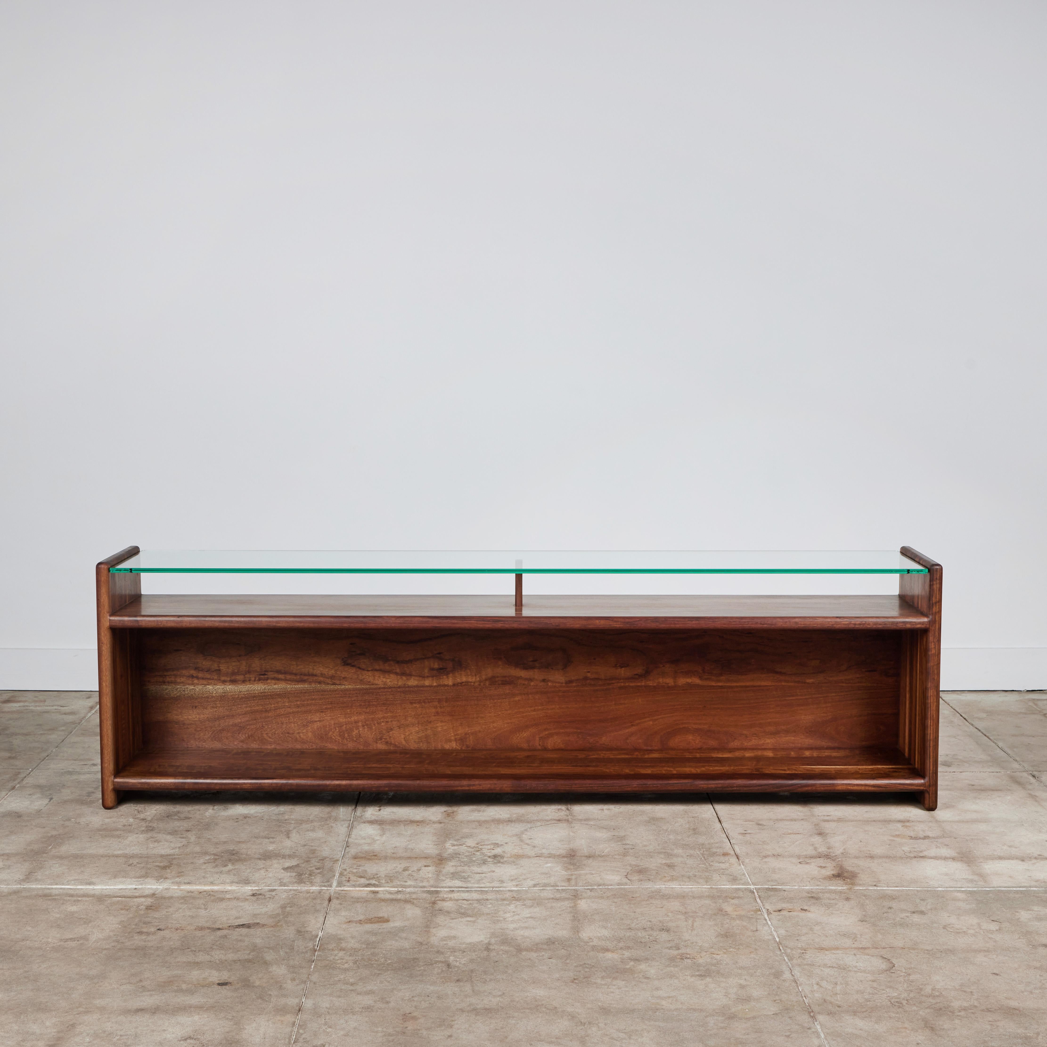 Late 20th Century Gerald McCabe Console in Shedua with Glass Top For Sale