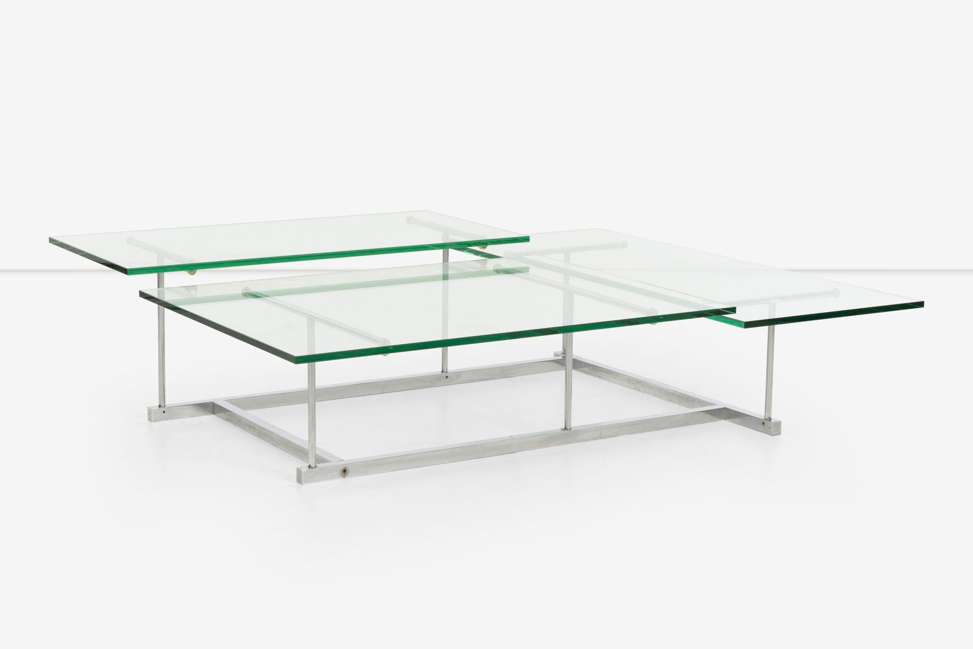 American Gerald McCabe for Orange Crate Custom 3 level Steel and Glass Low Table For Sale