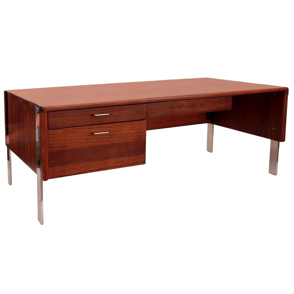 Large Stainless Steel with Burlwood Executive Desk by Leon Rosen at 1stDibs