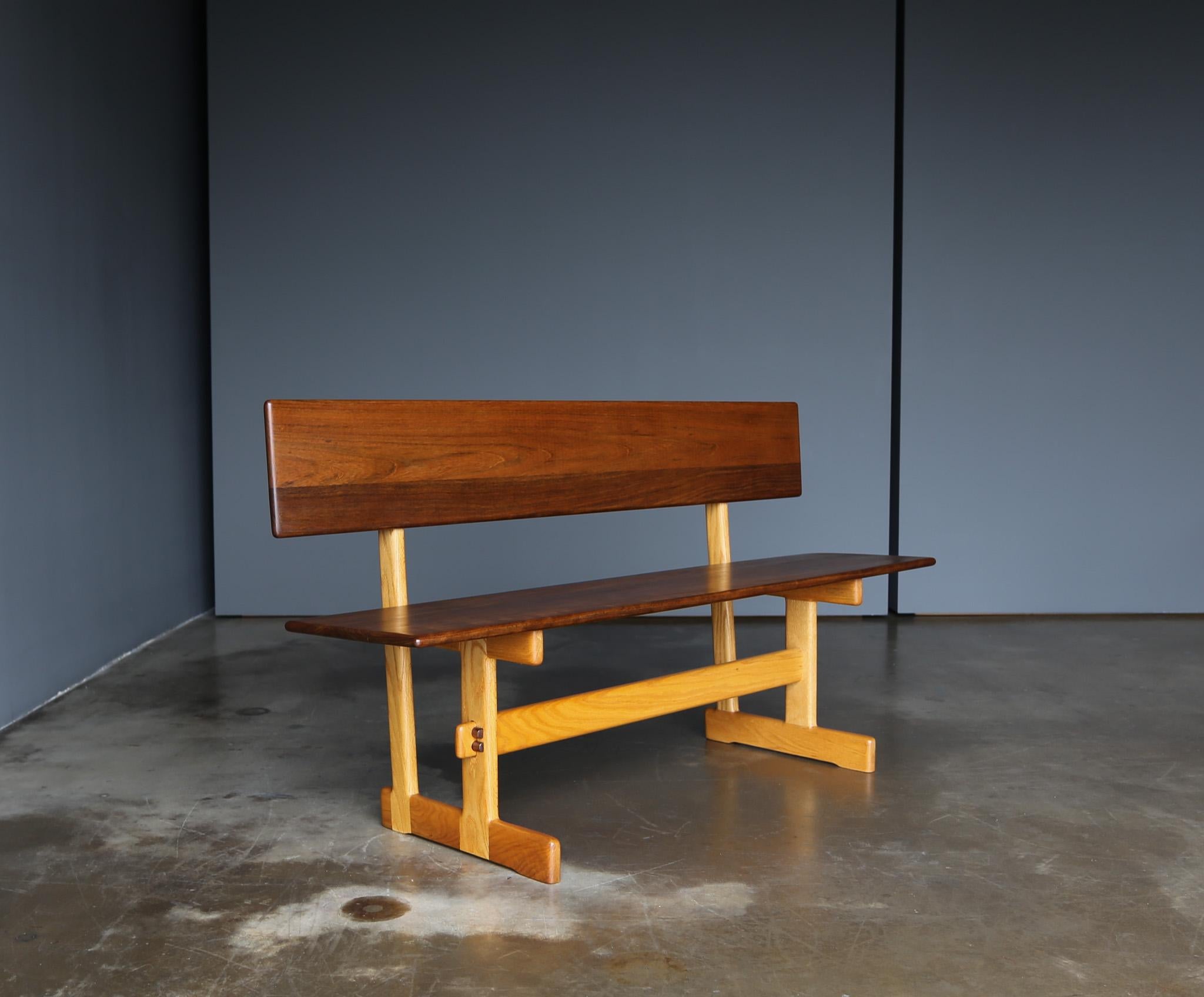Gerald McCabe Shedua & Oak Trestle Bench for Orange Crate Modern. Santa Monica, California, c.1975
Beautiful wood grain throughout.  This piece has been professionally restored. 