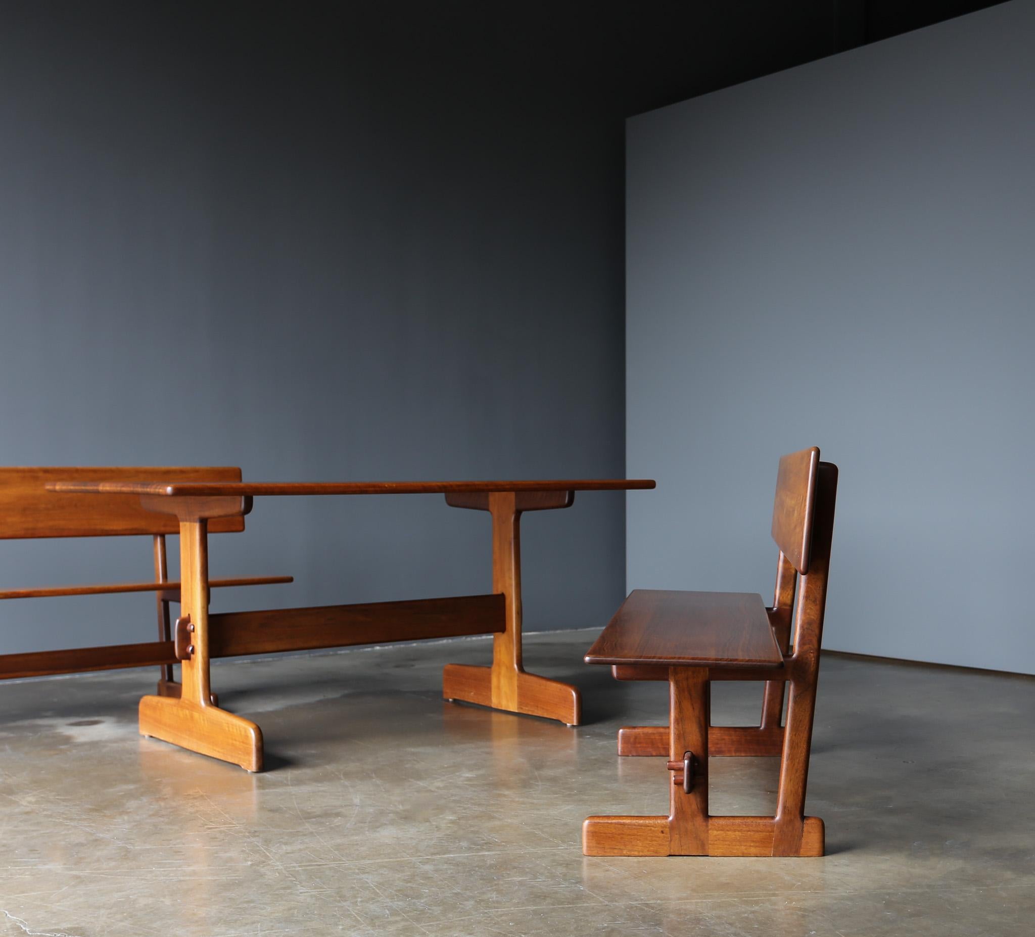 Wood Gerald McCabe Shedua Trestle Dining Table & Benches, c.1980 For Sale
