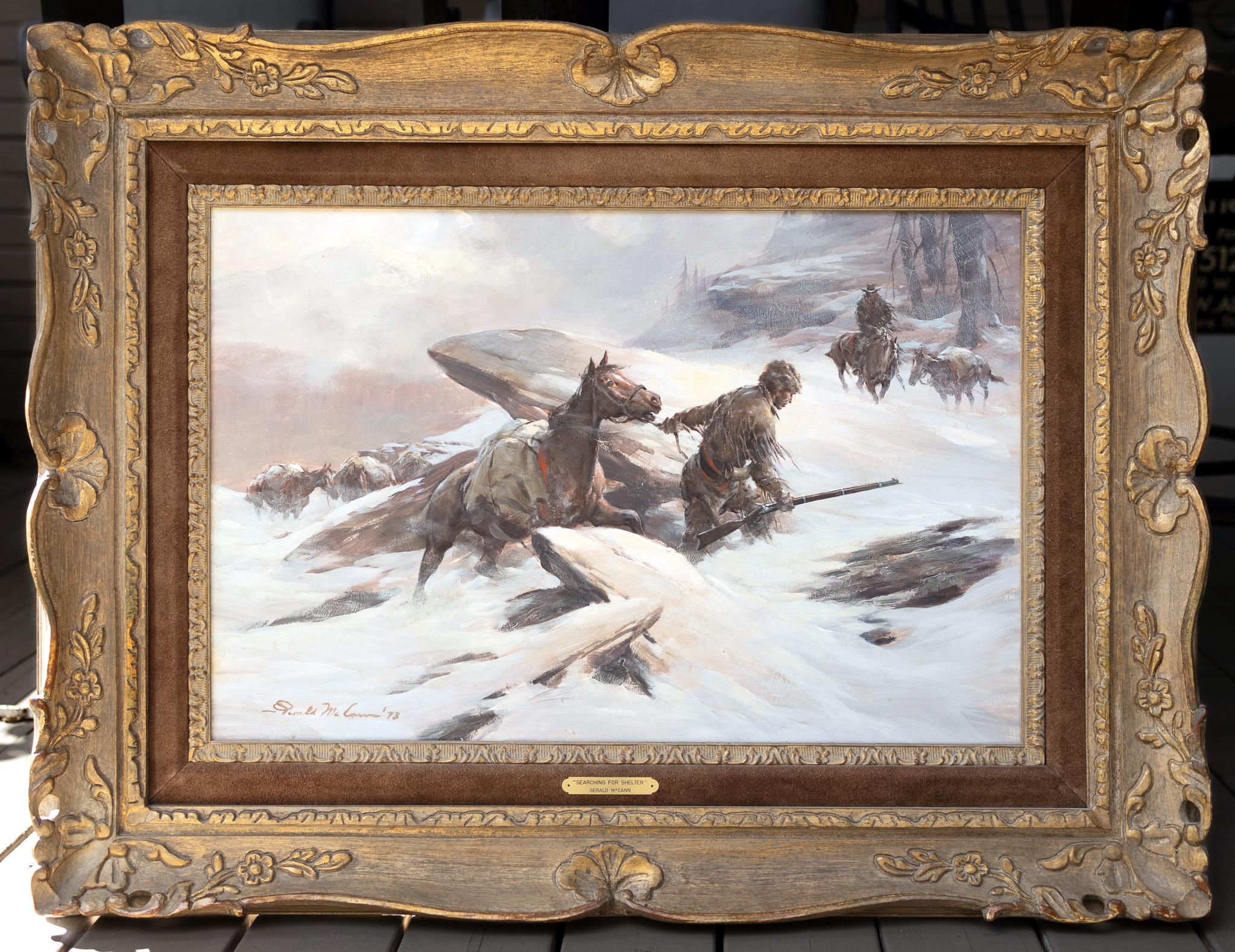 « Searching for Shelter » American Frontier, scène Blizzard d'hiver, cheval de neige froid - Painting de Gerald McCann