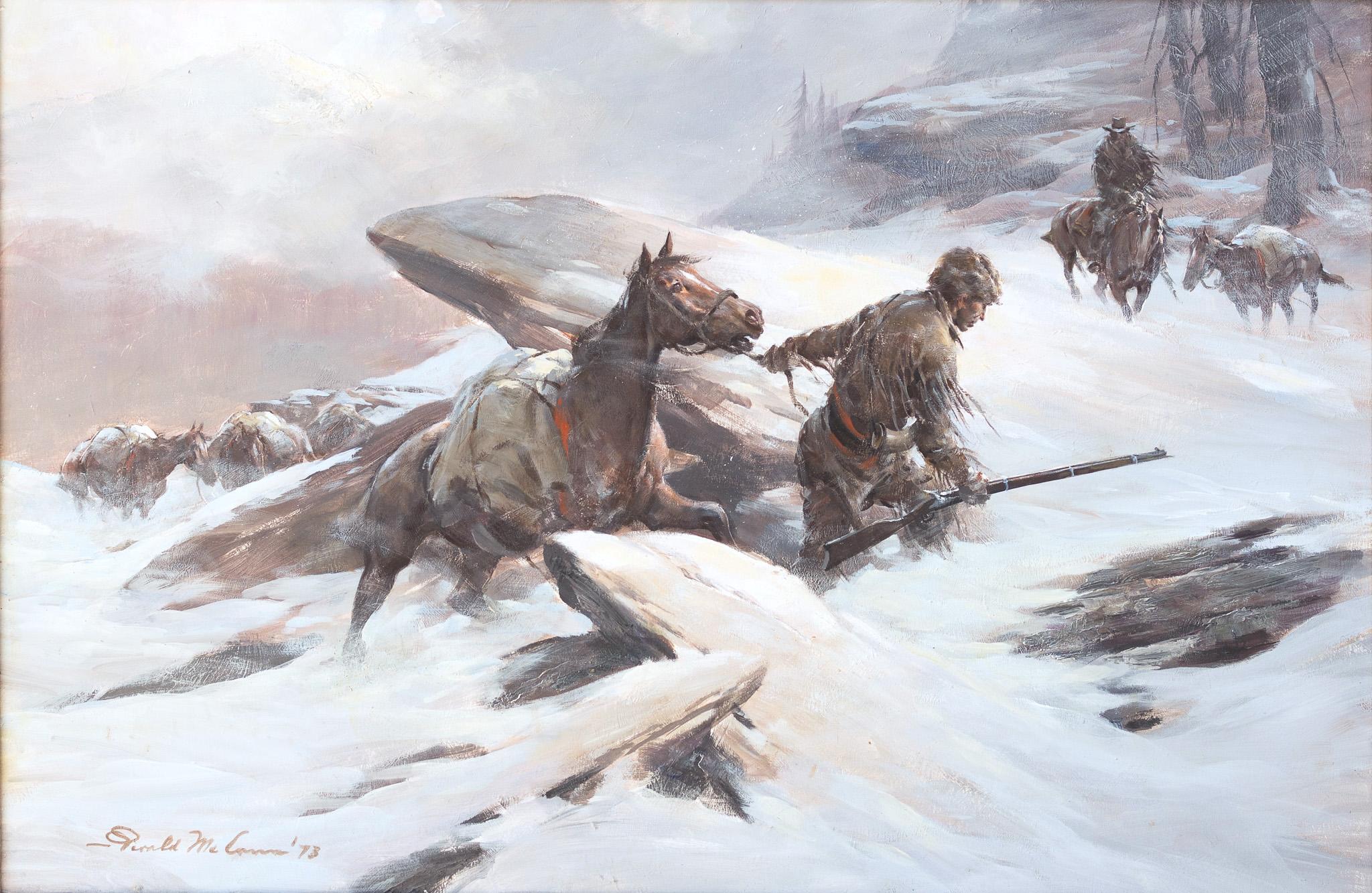 Figurative Painting Gerald McCann - « Searching for Shelter » American Frontier, scène Blizzard d'hiver, cheval de neige froid