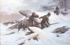 "Alla ricerca di un riparo" Frontiera americana Scena di bufera invernale Neve Cavallo Freddo