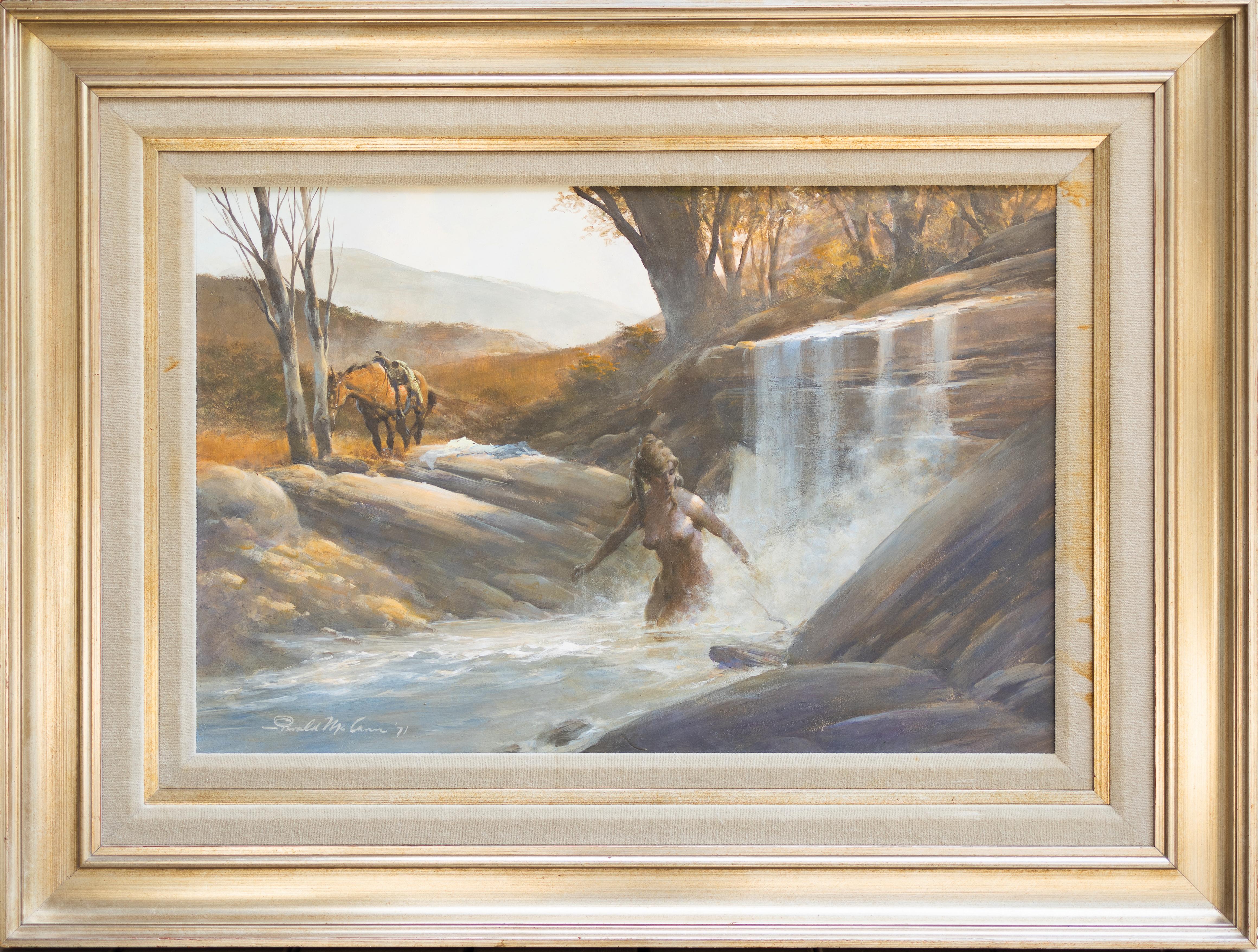 Western-Szene mit einer Frau, die in einem Fluss badet – Painting von Gerald McCann