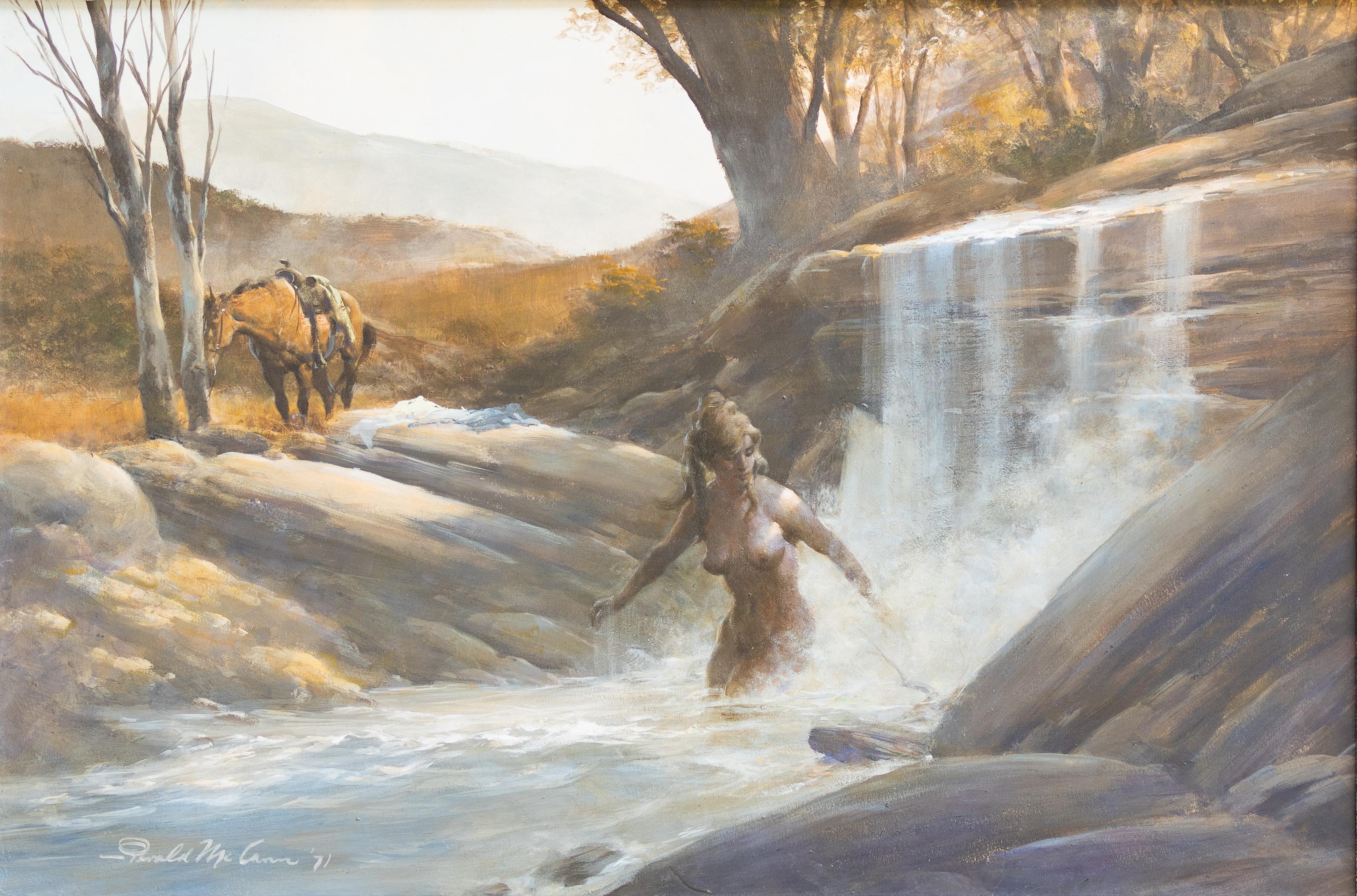Gerald McCann Figurative Painting – Western-Szene mit einer Frau, die in einem Fluss badet