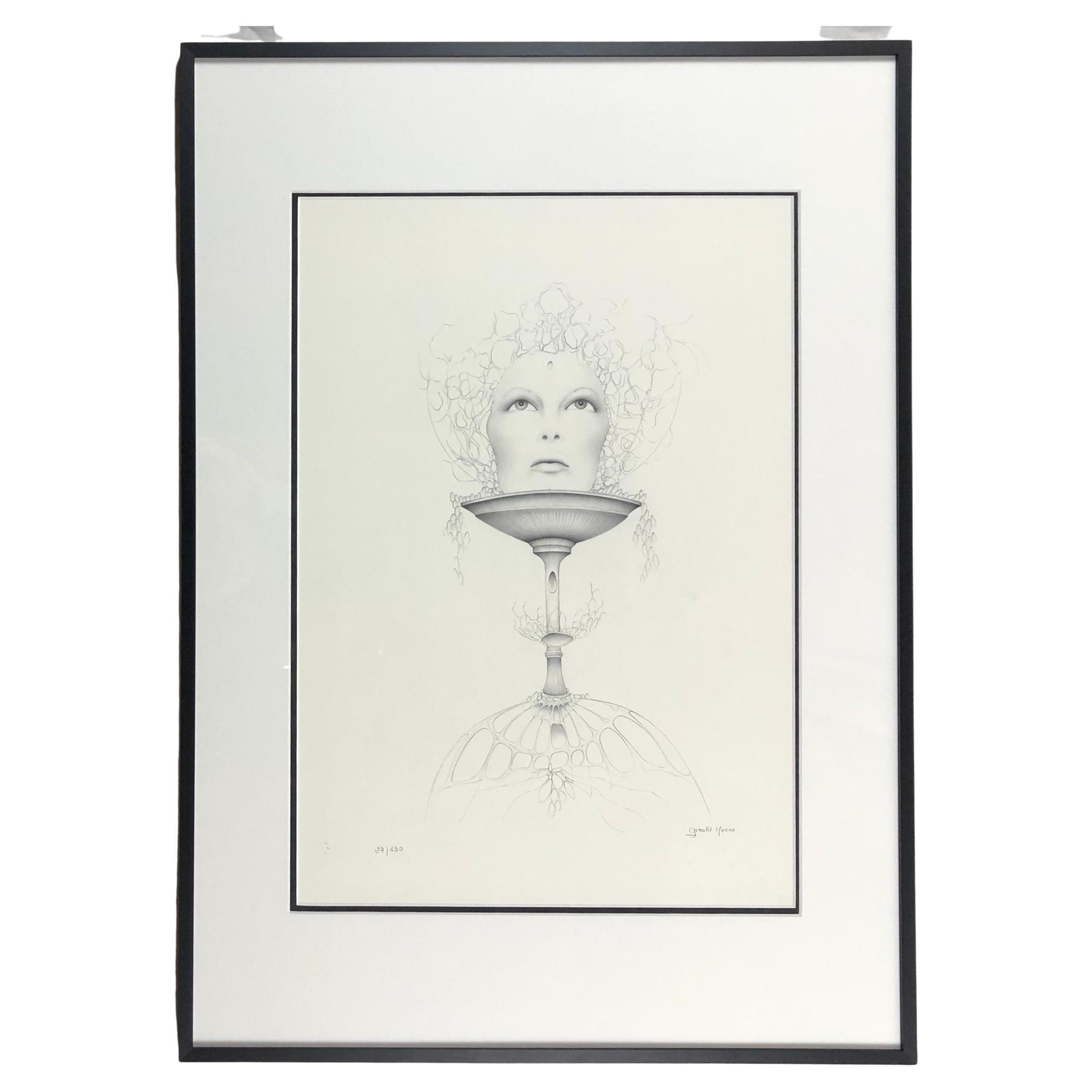 A stunning figurative surrealist work of contemporary art signed by the very talented French artist, Gerald Moreno. 
Moreno's work is often described as 