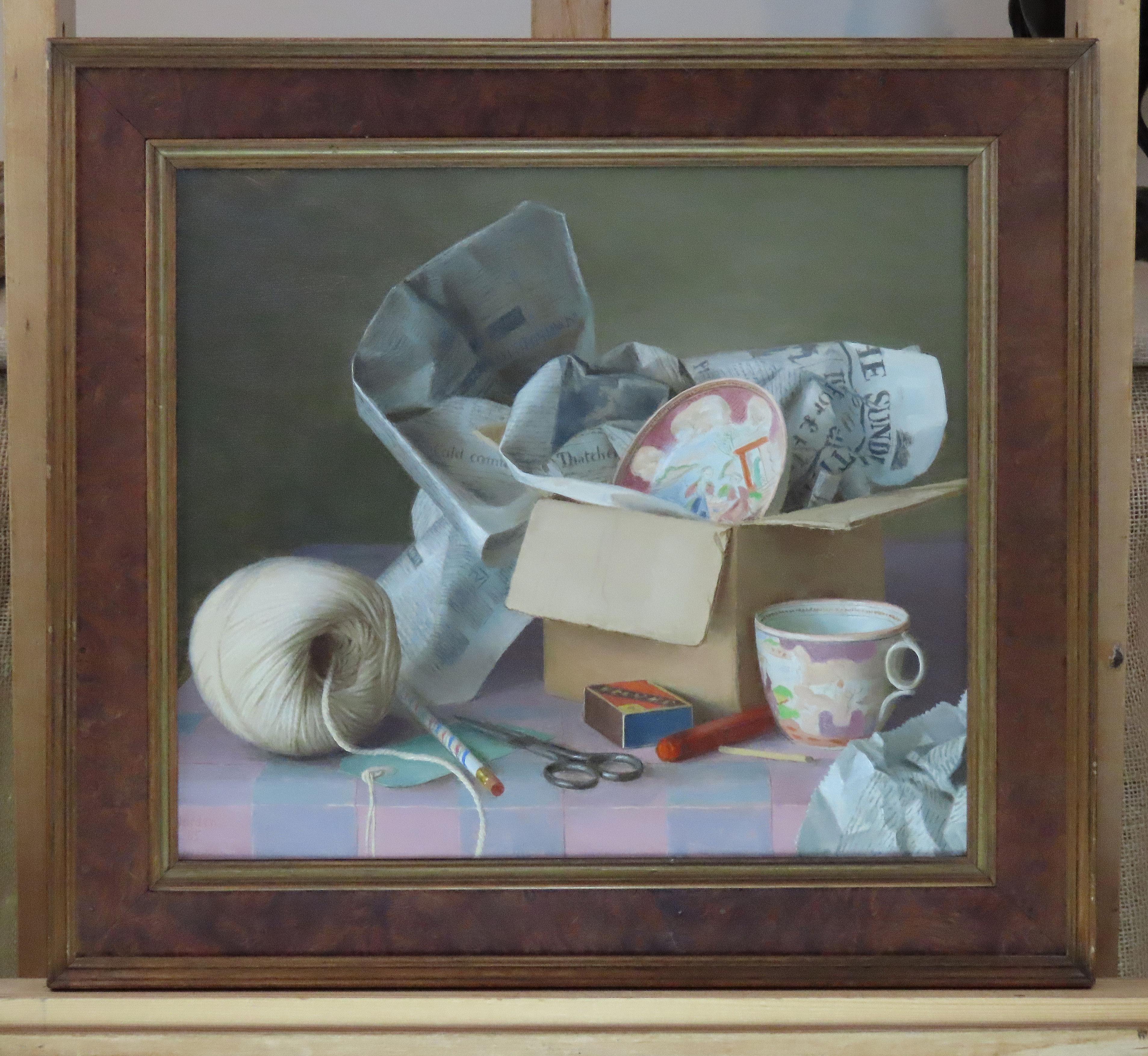 Original Ölgemälde auf Karton, Gerald Norden, „Ein Verpackungs Job“ im Angebot 1