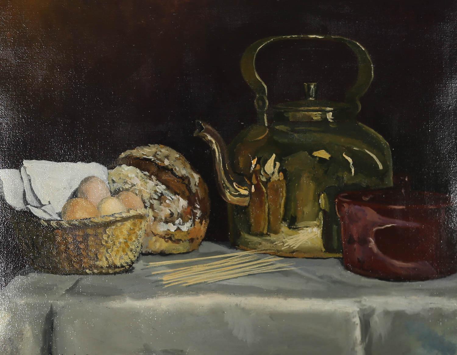 Gerald Robert Tucker (né en 1932) - Huile, nature morte d'une bouilloire et d'une pain en cuivre en vente 1