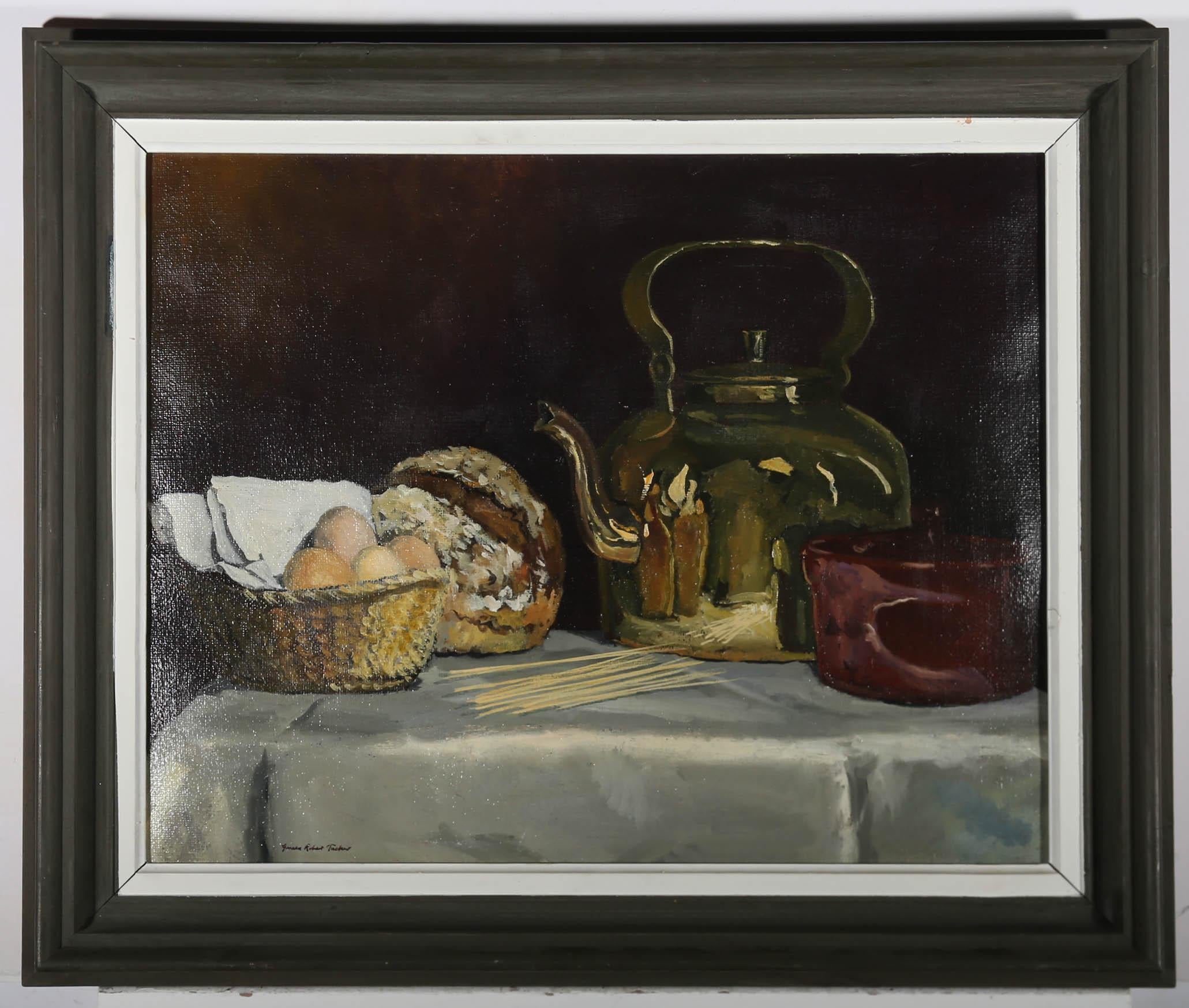 Gerald Robert Tucker (né en 1932) - Huile, nature morte d'une bouilloire et d'une pain en cuivre en vente 2