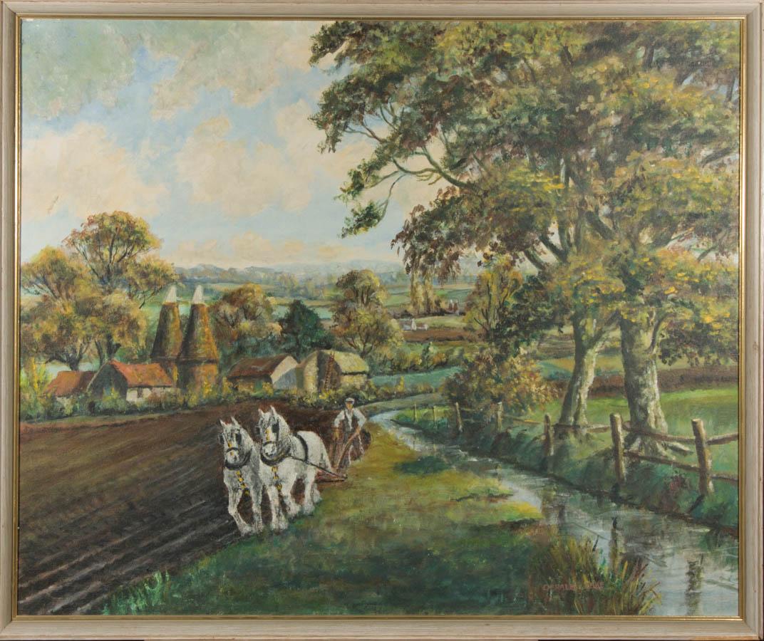 A farmer ploughs his field at golden hour in this beautiful oil painting.

Well presented in a whitewashed wood frame with a gilded inner border.

Signed. On canvasboard.