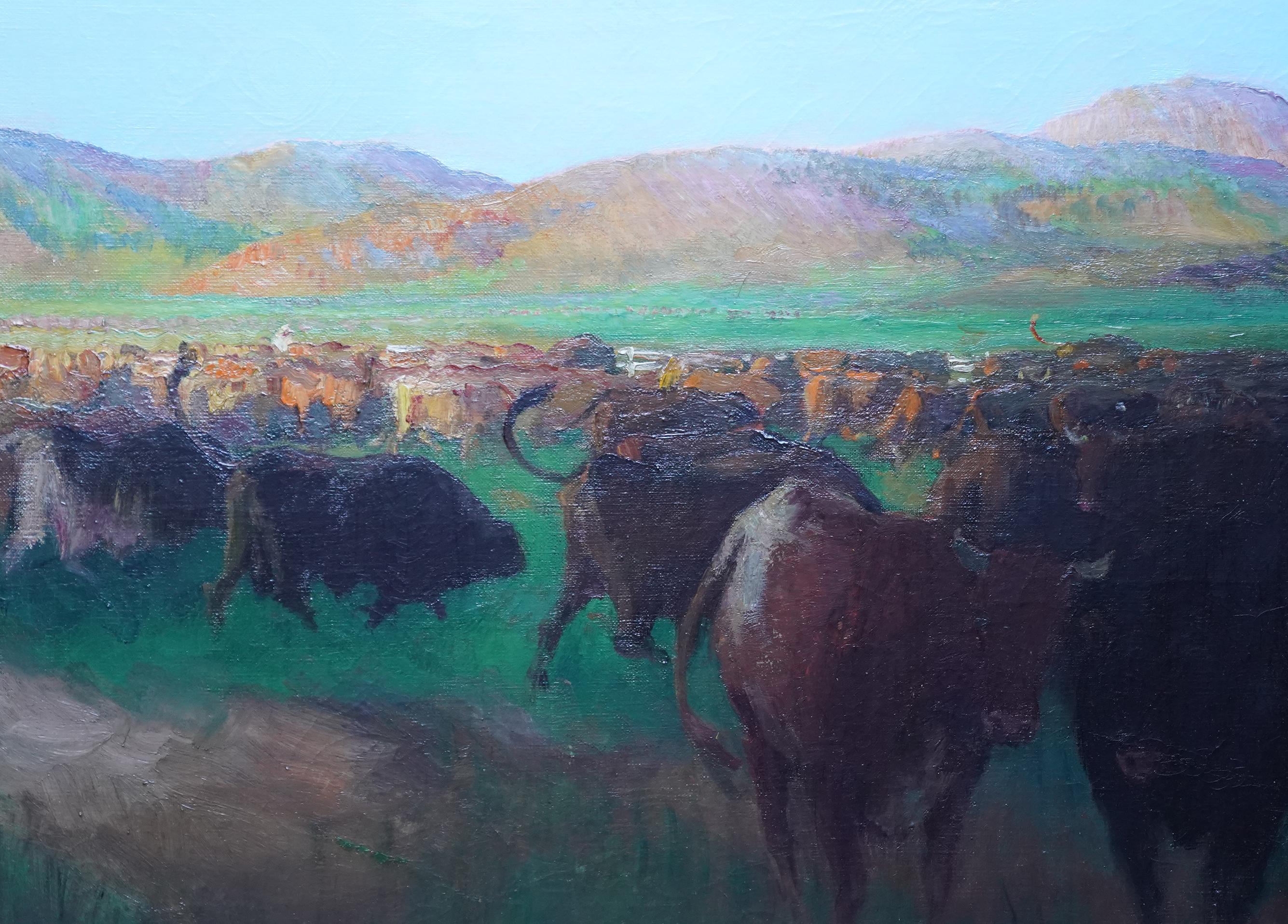 Cette superbe peinture à l'huile de paysage africain post-impressionniste est l'œuvre du célèbre artiste britannique Gerald Spencer Pryse. Elle a été peinte vers 1925, alors que Pryse visitait le Maroc et l'Afrique du Nord. À l'avant-plan et au