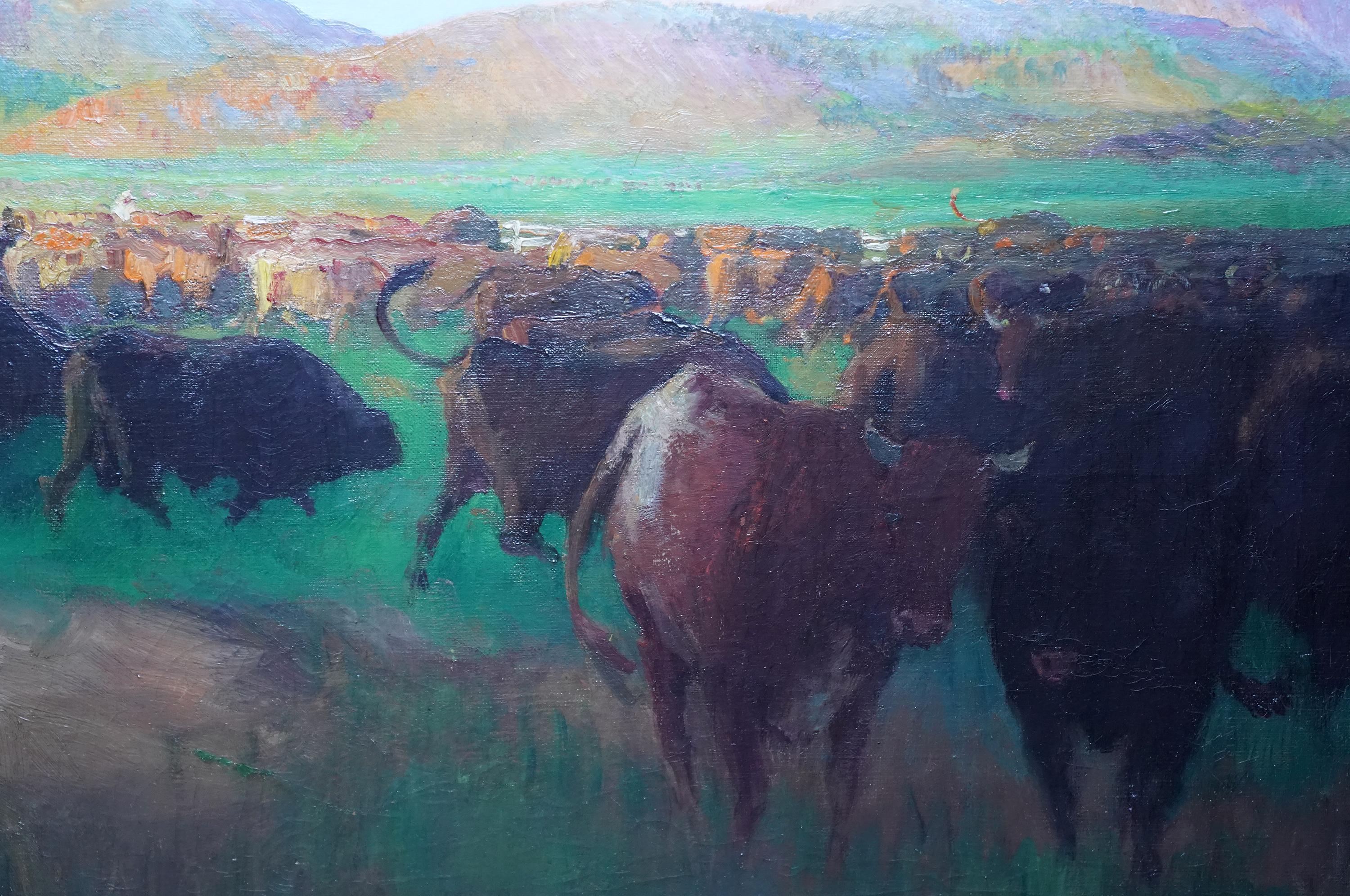 This superb vibrant Post Impressionist African landscape oil painting is by noted British artist Gerald Spencer Pryse. It was painted about 1925 when Pryse was visiting Morocco and Northern Africa. In the fore and middle ground are grazing cattle.