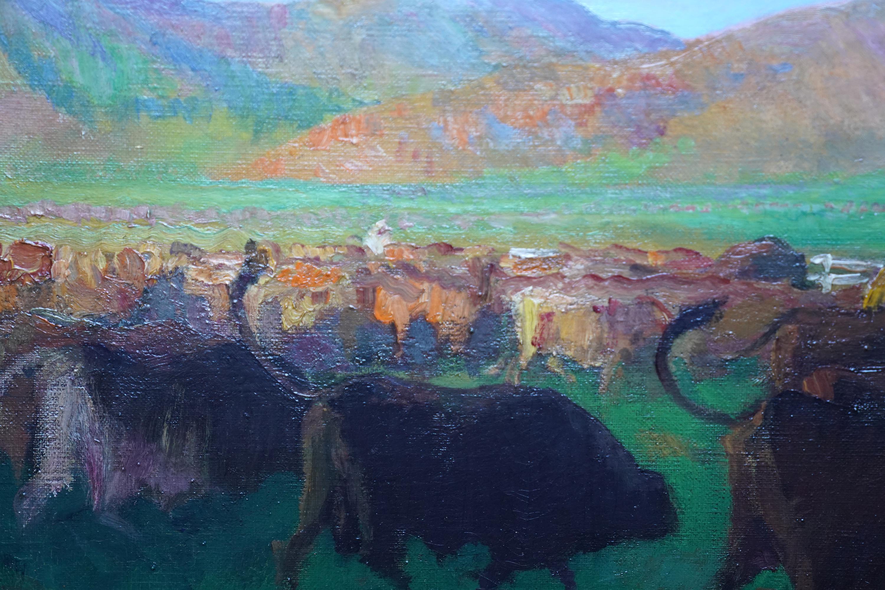 Cattle in a Landscape North Africa - British 20s Post Impressionist oil painting For Sale 1