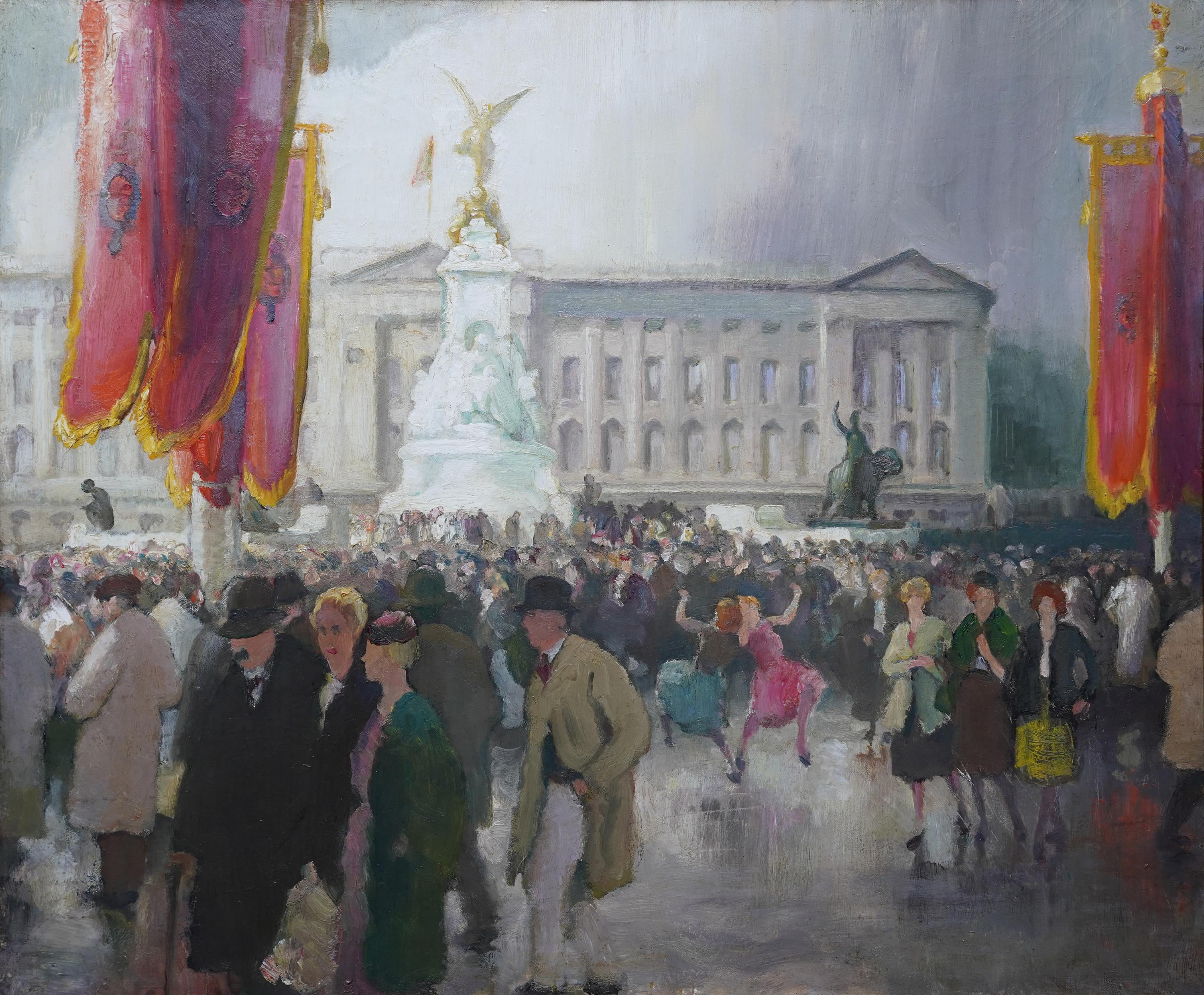 Festivities Buckingham Palace - British 1950's figurative landscape oil painting For Sale 6