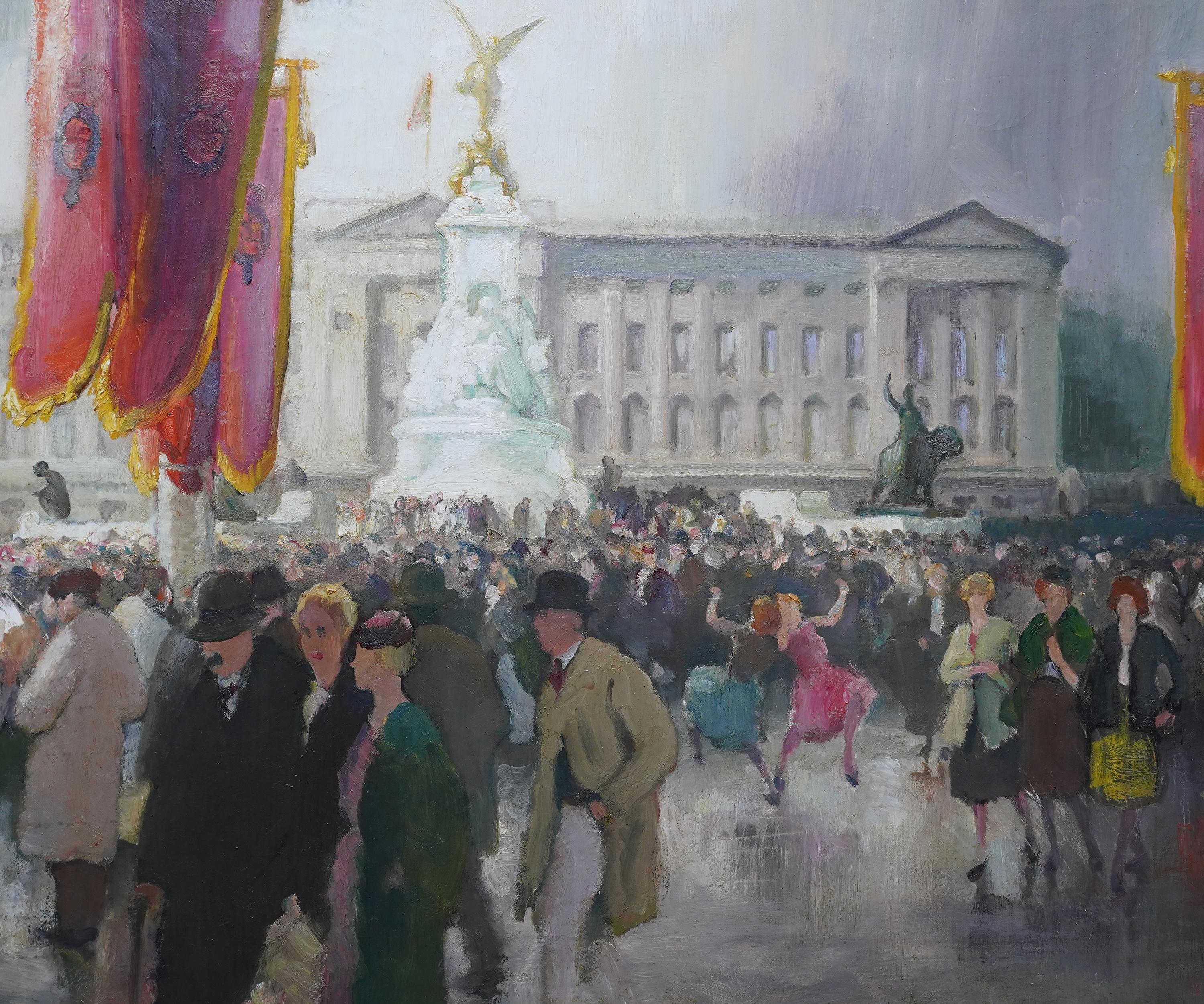 Festivities Buckingham Palace – britisches figuratives Landschaftsgemälde aus den 1950er Jahren (Post-Impressionismus), Painting, von Spencer Pryse