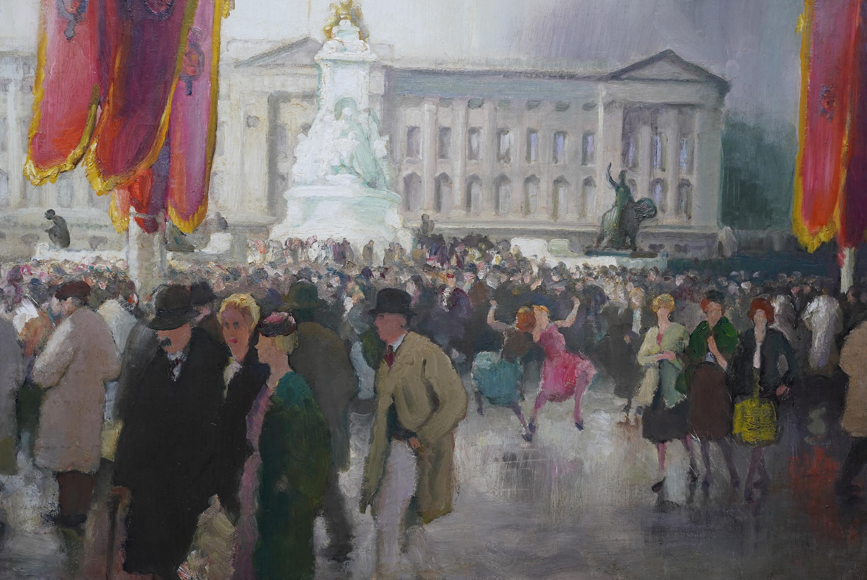 Festivities Buckingham Palace - British 1950's figurative landscape oil painting - Post-Impressionist Painting by Spencer Pryse