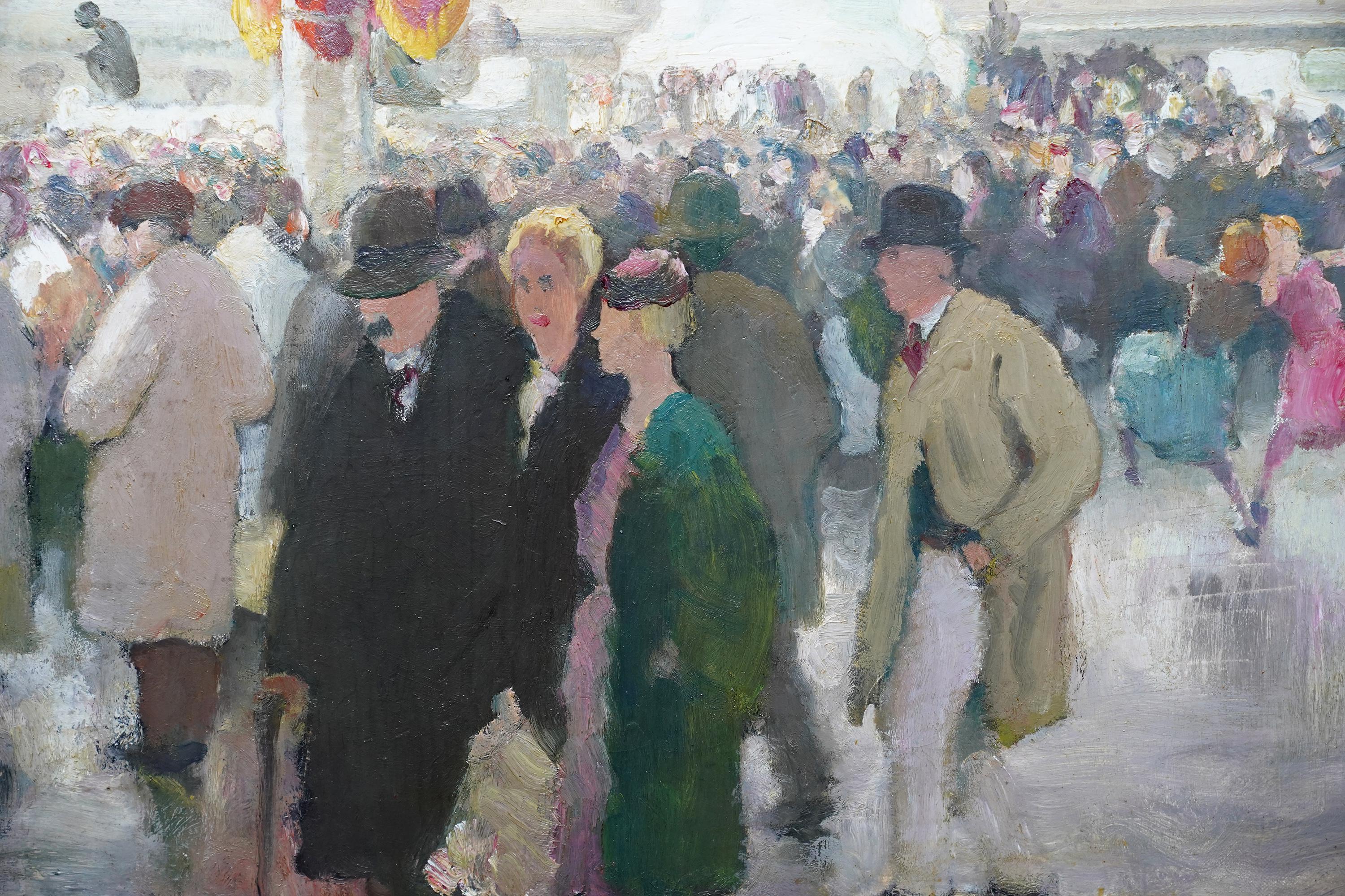 This superb British Post Impressionist figurative landscape oil painting is by war artist Gerald Spencer Pryse. Painted circa 1953 it depicts festivities outside Buckingham Palace, London. In the foreground are a large crowd including two girls
