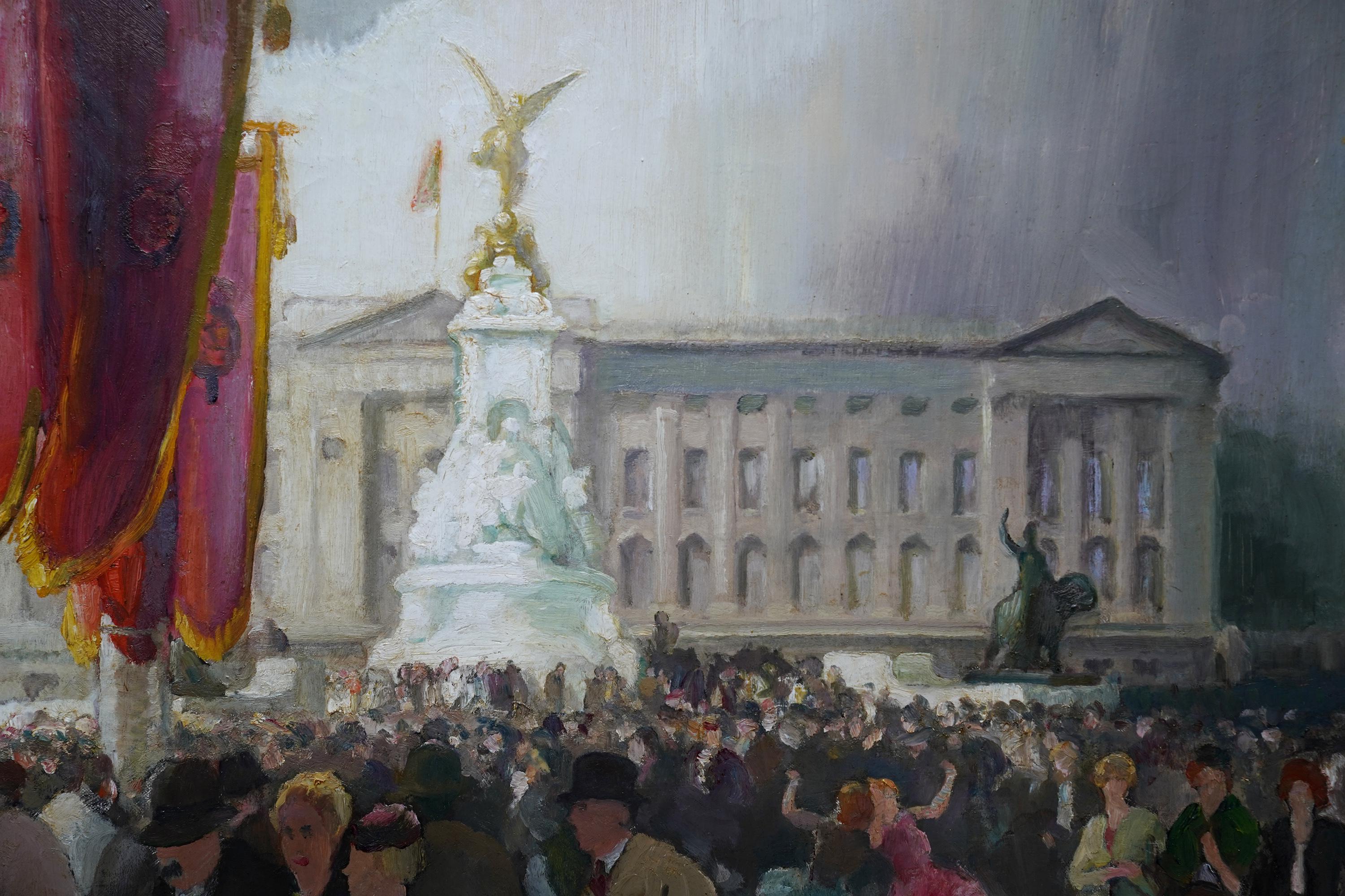 Festivities Buckingham Palace - British 1950's figurative landscape oil painting For Sale 1
