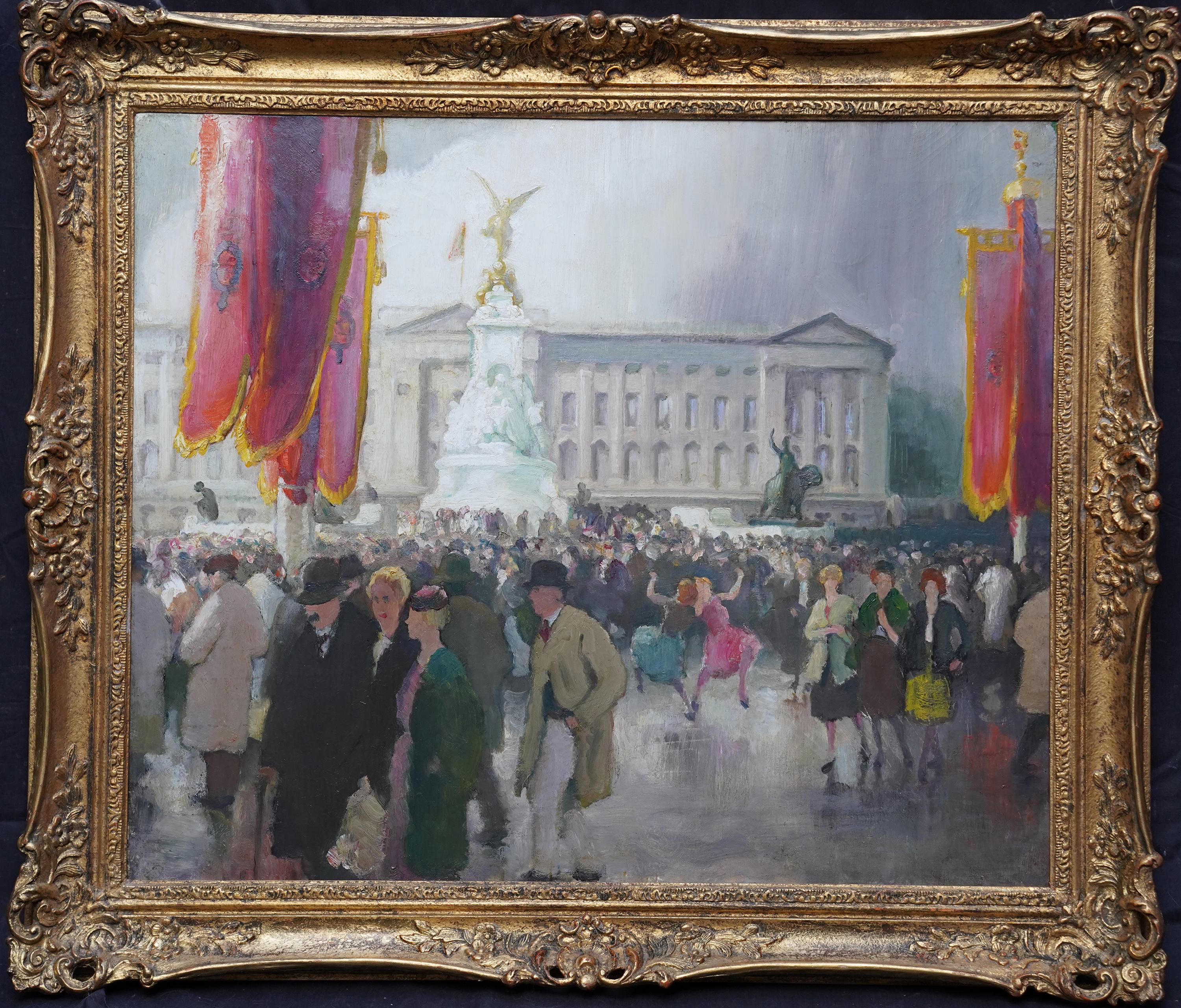 Buckingham Palace Festivities - Peinture à l'huile figurative britannique de paysage des années 1950