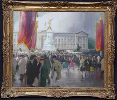 Retro Festivities Buckingham Palace - British 1950's figurative landscape oil painting