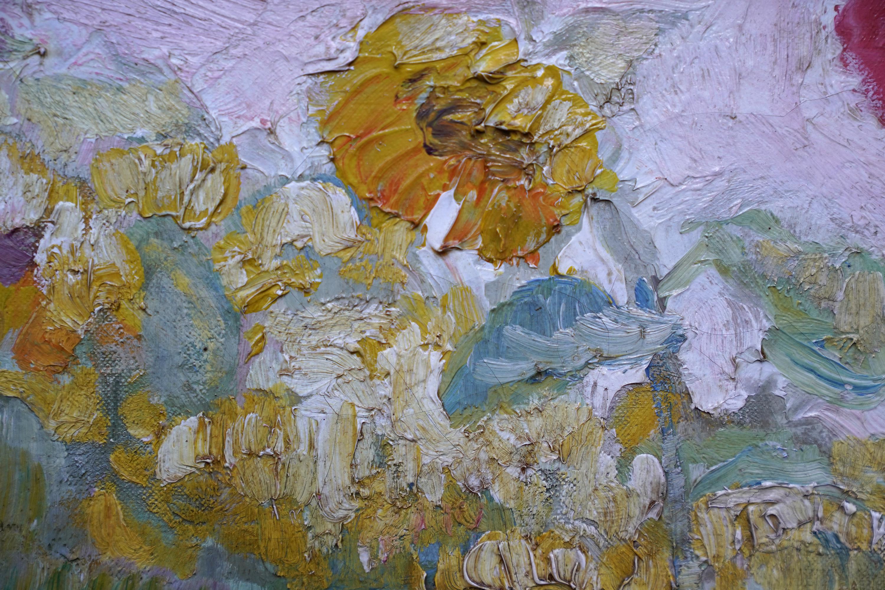 Hollyhocks & Sunflowers Floral - British Art Deco flower oil painting still life For Sale 2