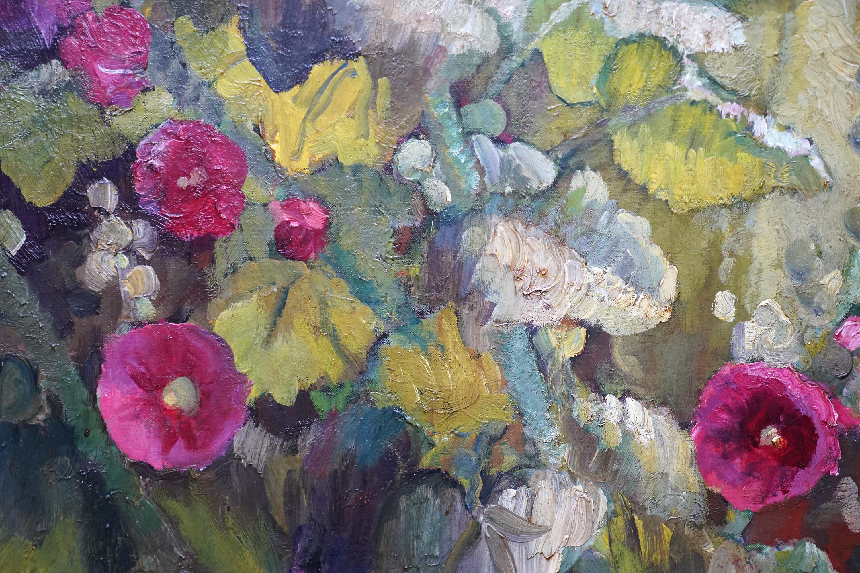 Hollyhocks & Sunflowers Floral - British Art Deco flower oil painting still life For Sale 3