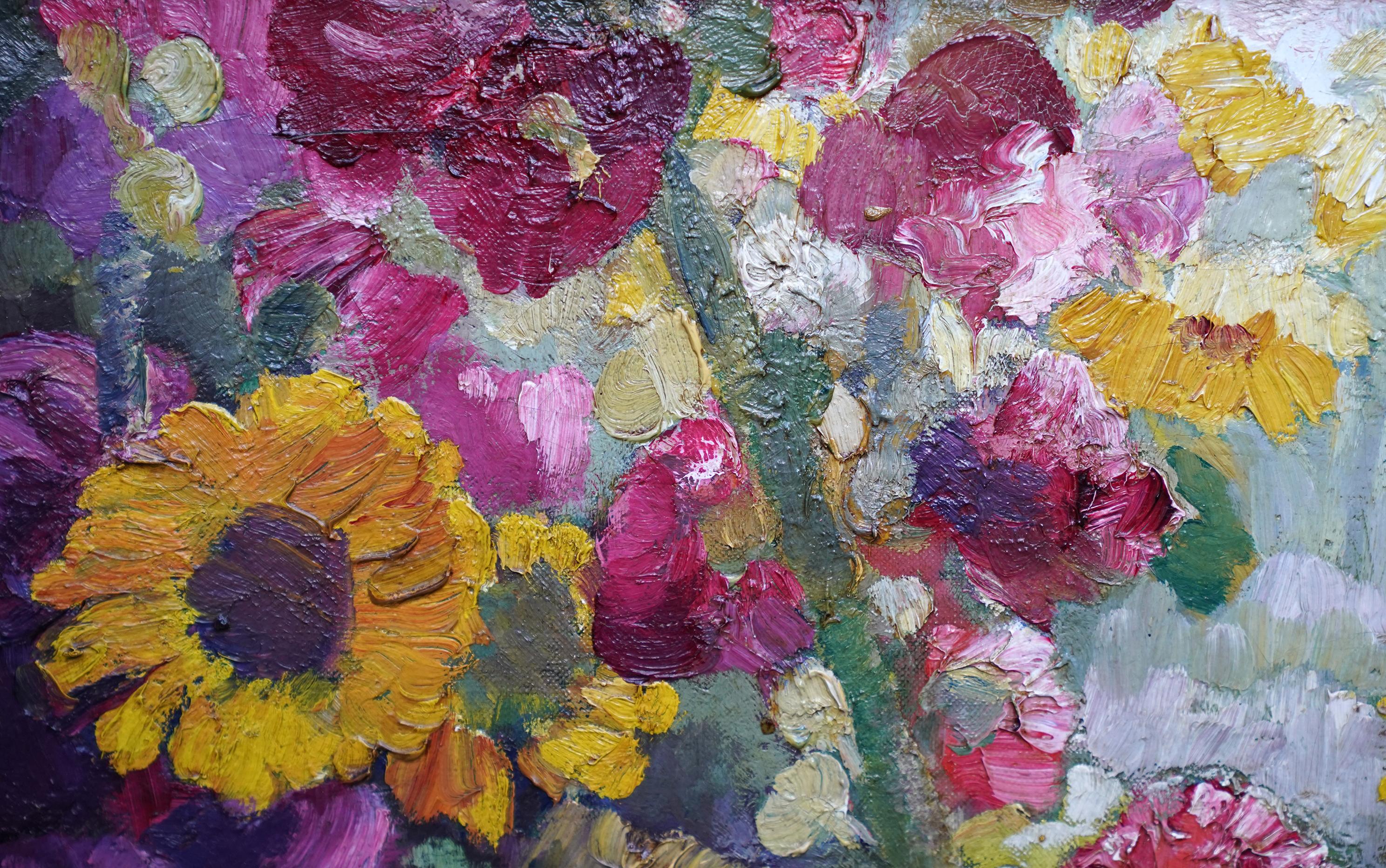 Hollyhocks & Sunflowers Floral - British Art Deco flower oil painting still life For Sale 4