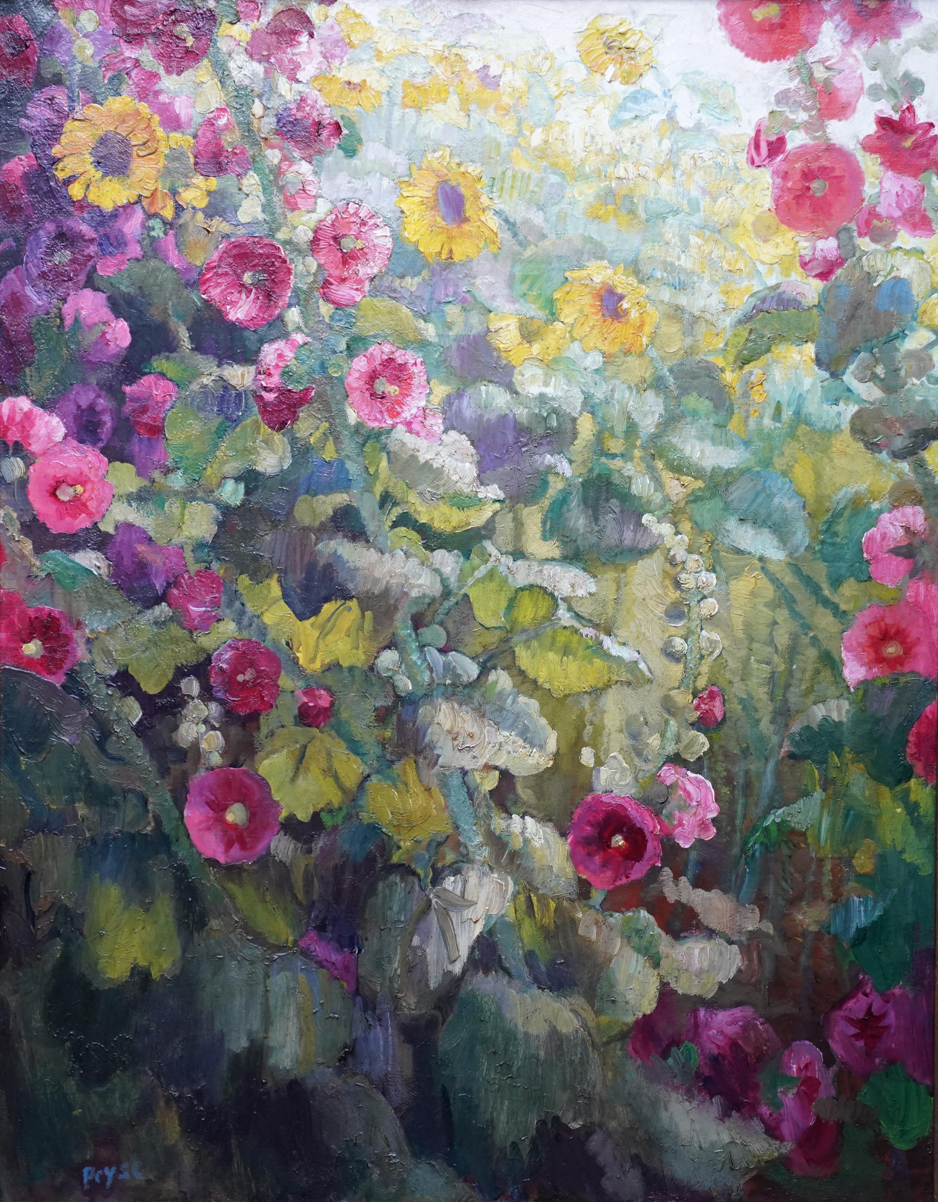 Hollyhocks & Sunflowers Floral - British Art Deco flower oil painting still life For Sale 7