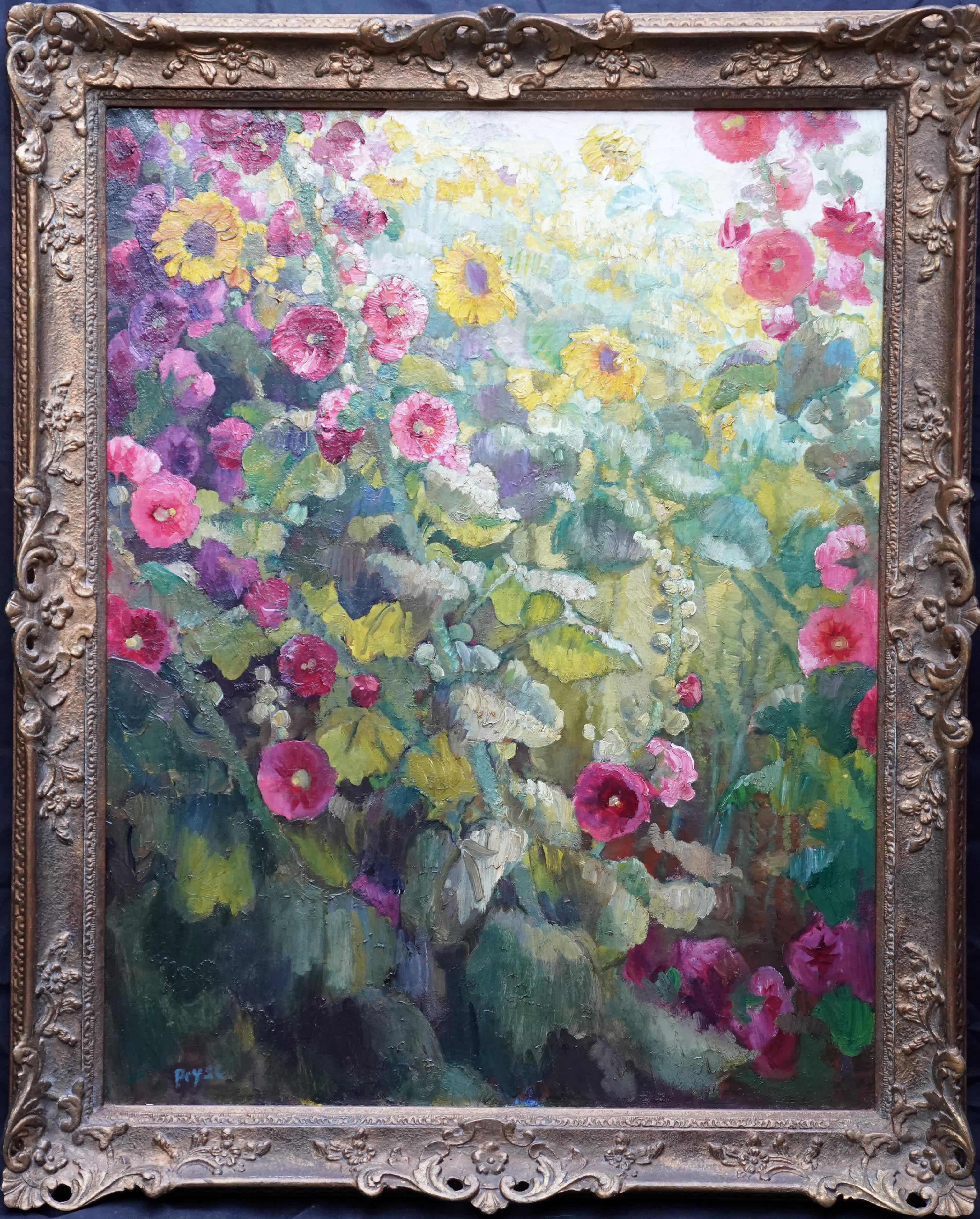 Hollyhocks & Sunflowers Floral - British Art Deco flower oil painting still life For Sale 8