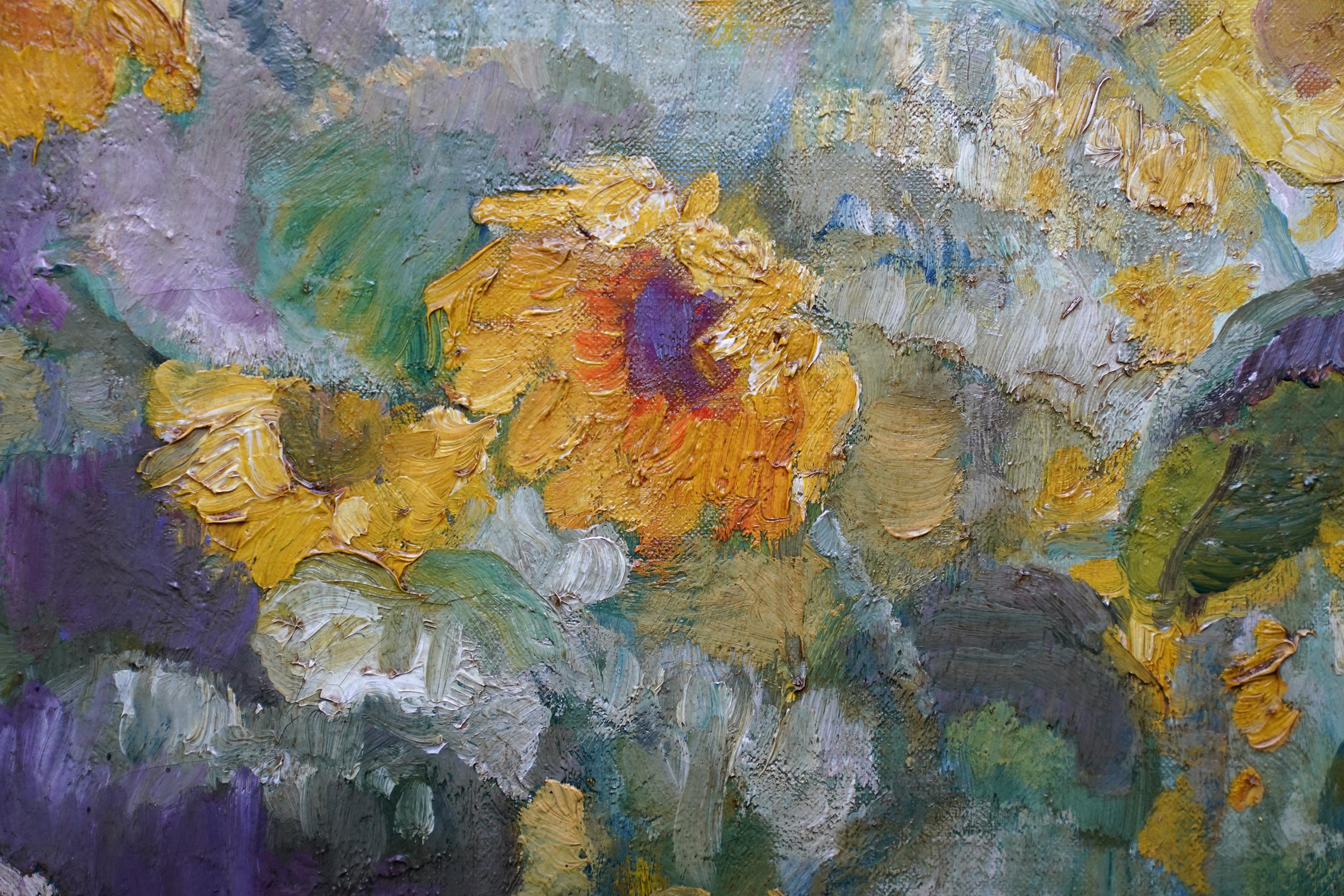Hollyhocks & Sunflowers Floral - British Art Deco flower oil painting still life For Sale 1