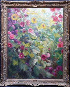 Hollyhocks & Sunflowers Floral - British Art Deco flower oil painting still life