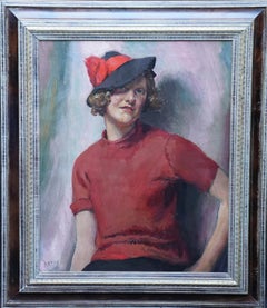 Portrait of a Lady in Red - British 1940's art Post Impressionist oil painting