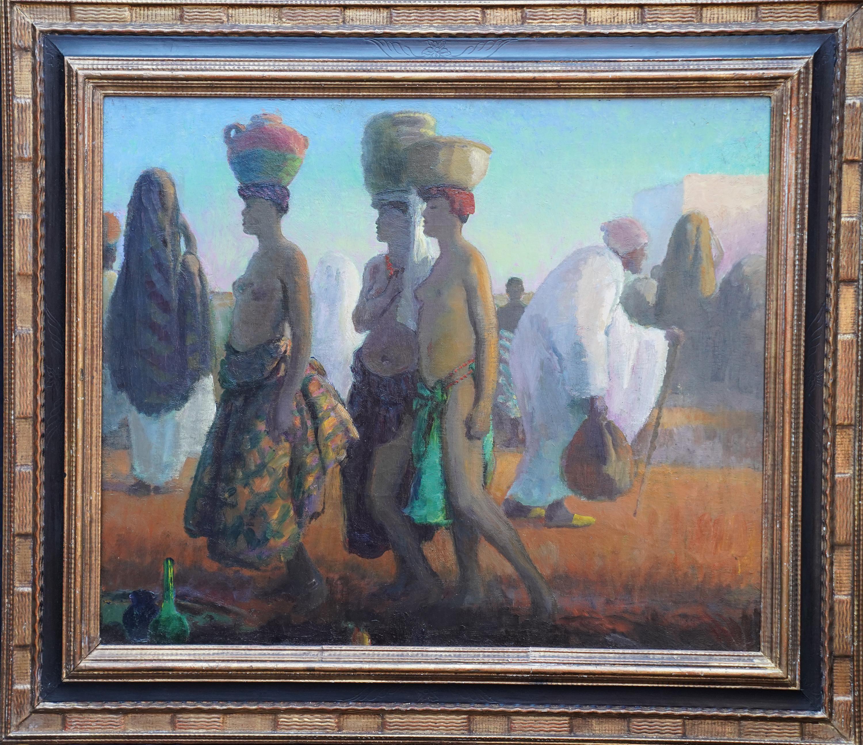 Portrait of Water Bearers, Africa - British 1920's Orientalist art oil painting For Sale 4