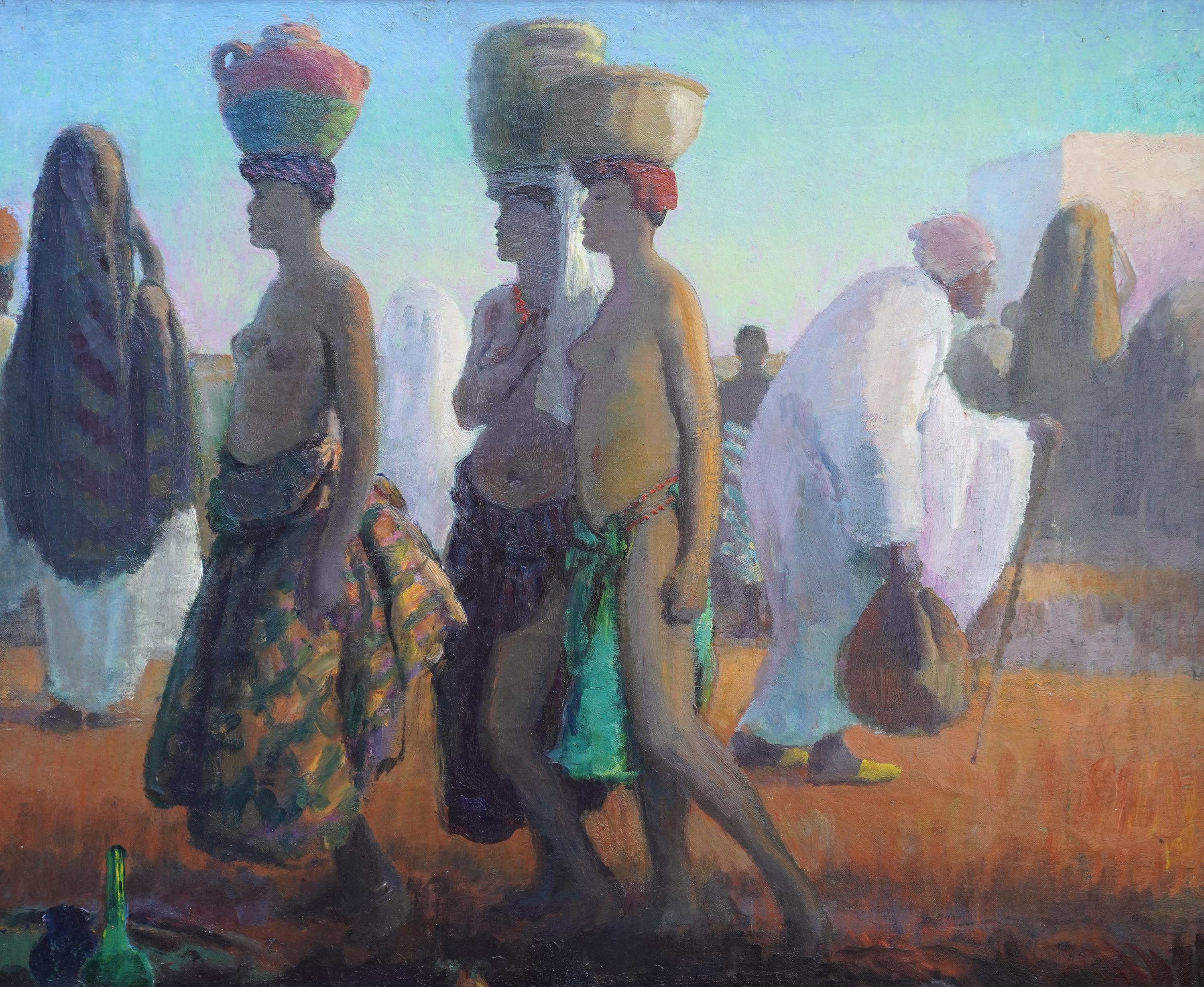 Portrait of Water Bearers, Africa - British 1920's Orientalist art oil painting - Painting by Spencer Pryse