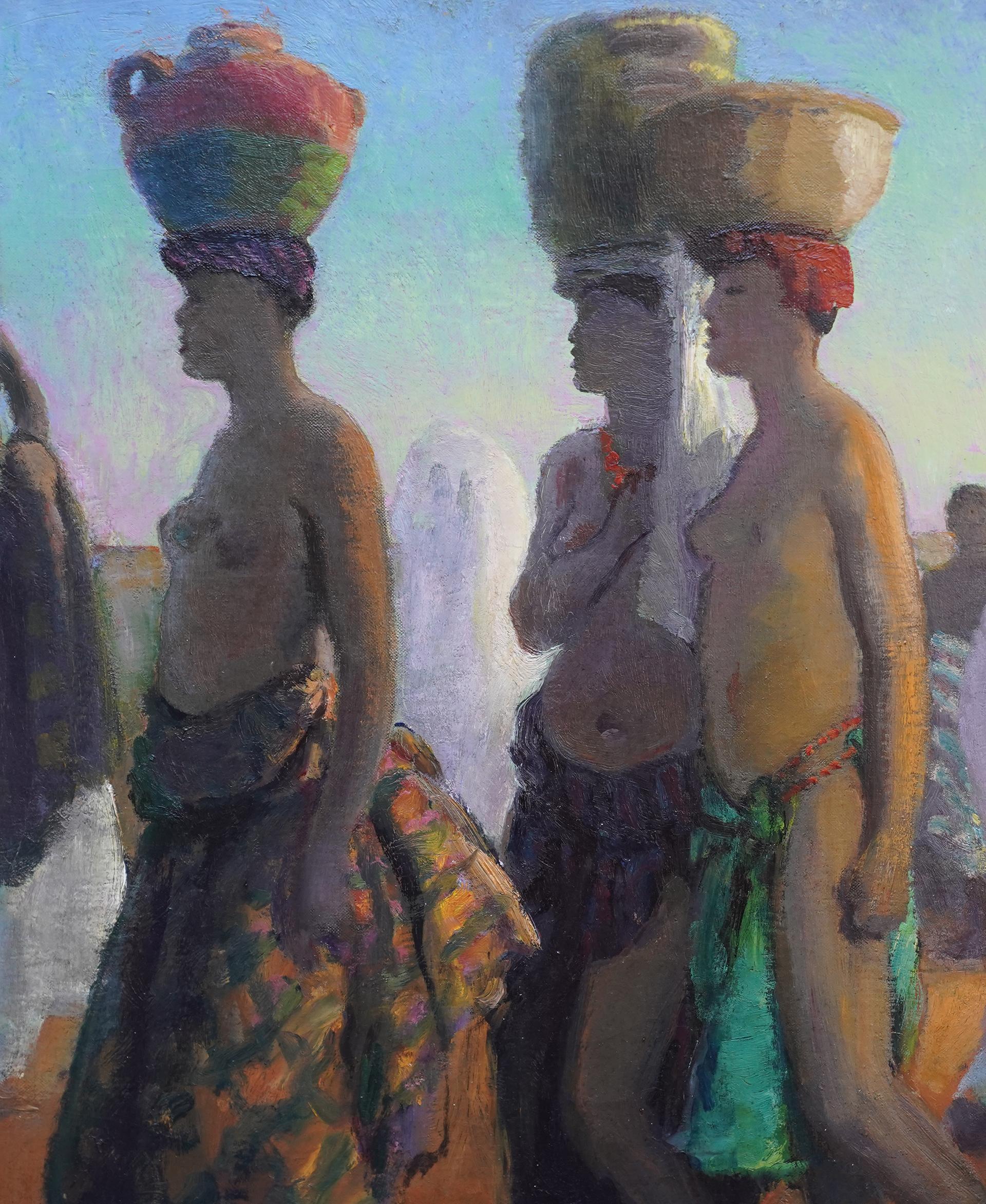 Ritratto di portatori d'acqua, Africa - pittura ad olio di arte orientalista britannica del 1920 - Figurative Painting Grigio di Spencer Pryse