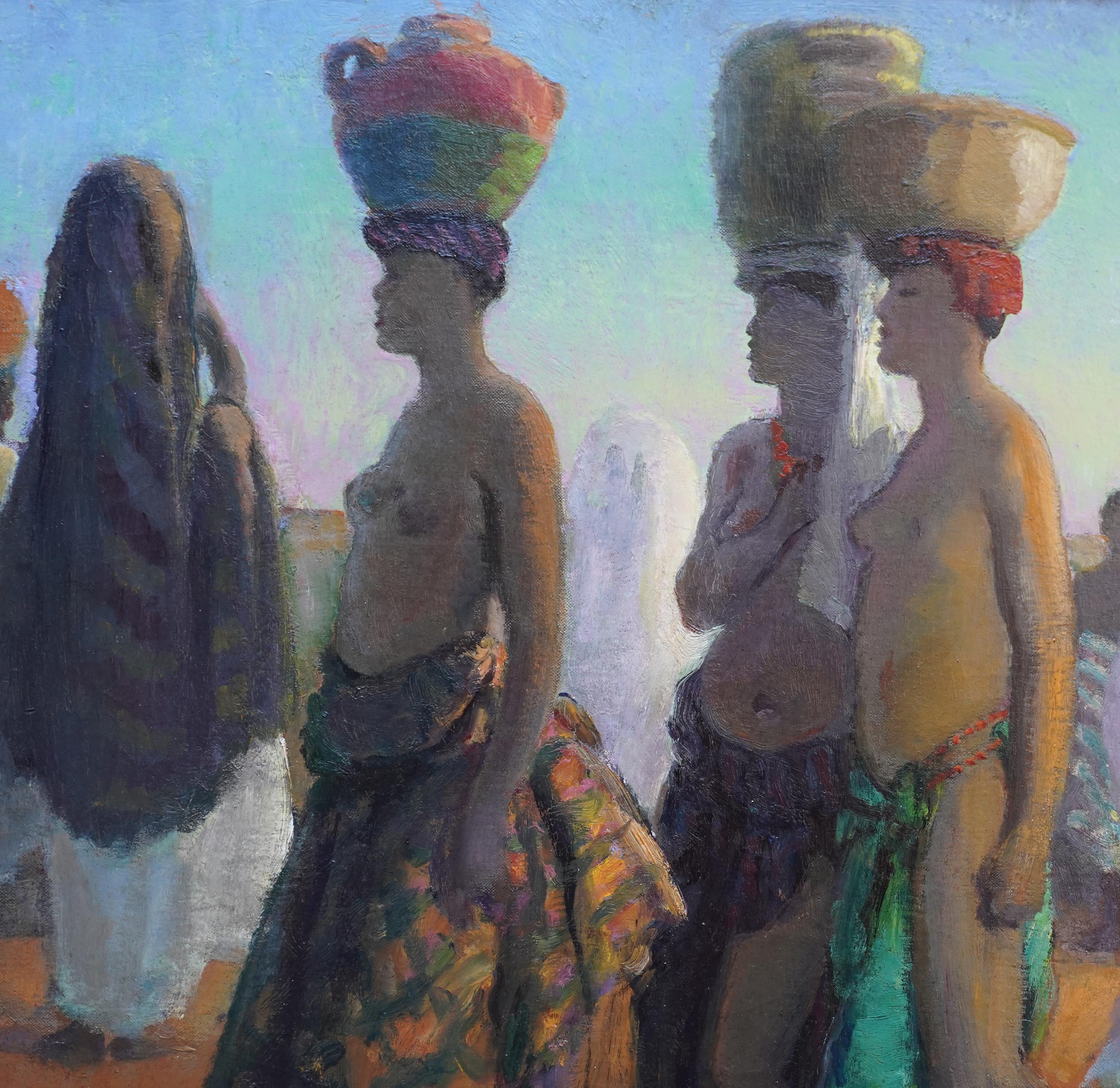 Cette superbe peinture à l'huile post-impressionniste orientaliste est l'œuvre du célèbre artiste britannique Gerald Spencer Pryse. Elle a été peinte vers 1925, alors que Pryse visitait le Maroc et l'Afrique du Nord. La peinture représente trois