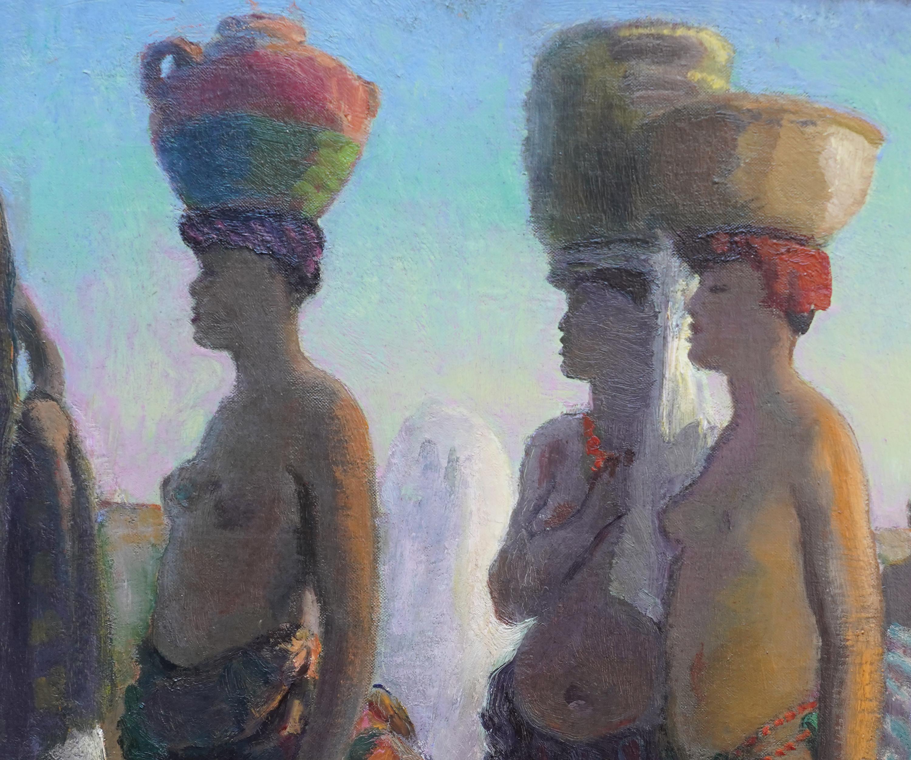 Portrait of Water Bearers, Africa - British 1920's Orientalist art oil painting - Gray Figurative Painting by Spencer Pryse