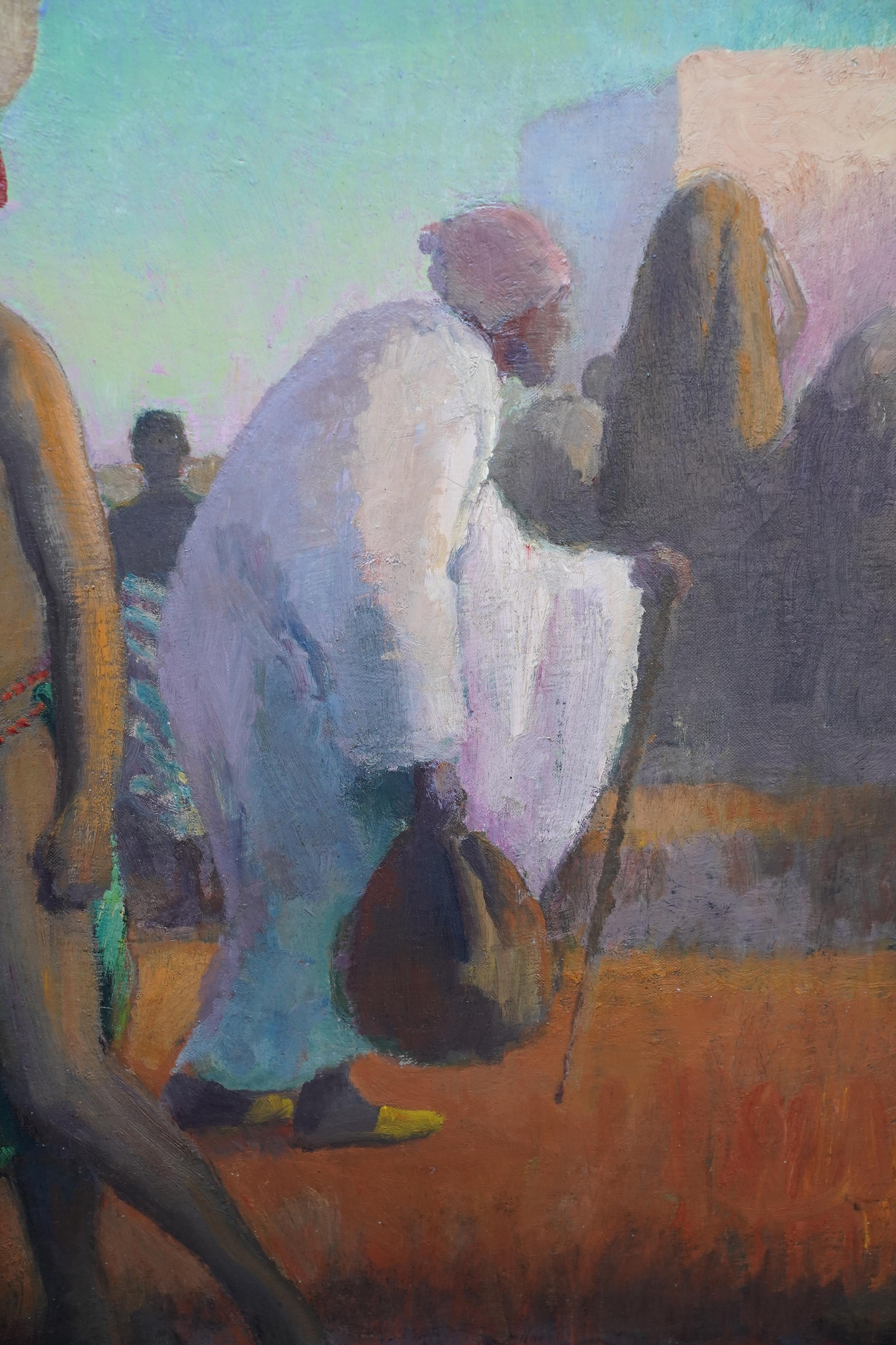 This superb vibrant Orientalist Post Impressionist oil painting is by noted British artist Gerald Spencer Pryse. It was painted about 1925 when Pryse was visiting Morocco and Northern Africa. The painting depicts three women carrying water in