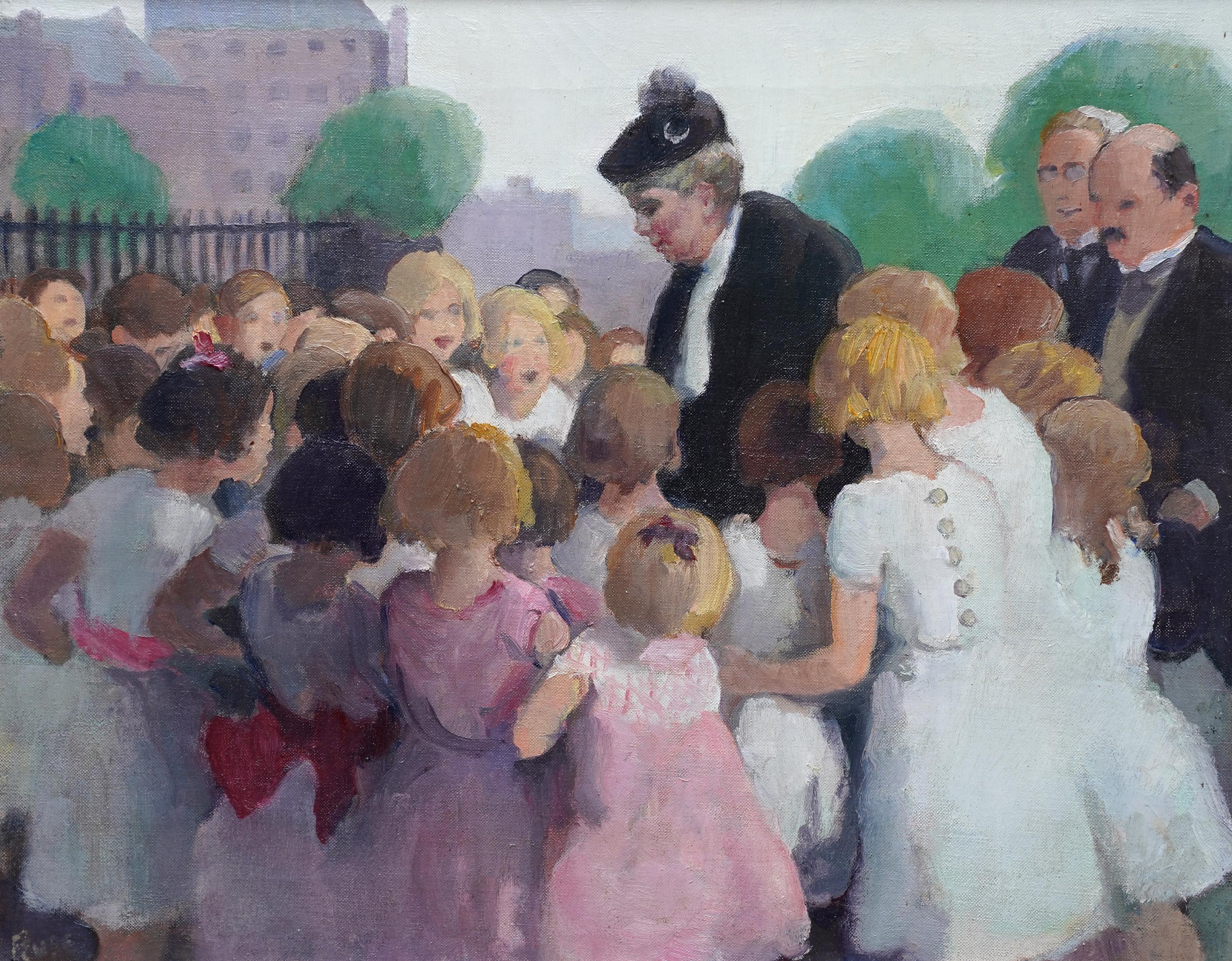 Les enfants de l'école Queen Mary Greeting - Peinture à l'huile de portrait de la royauté britannique de 1910 - Painting de Spencer Pryse
