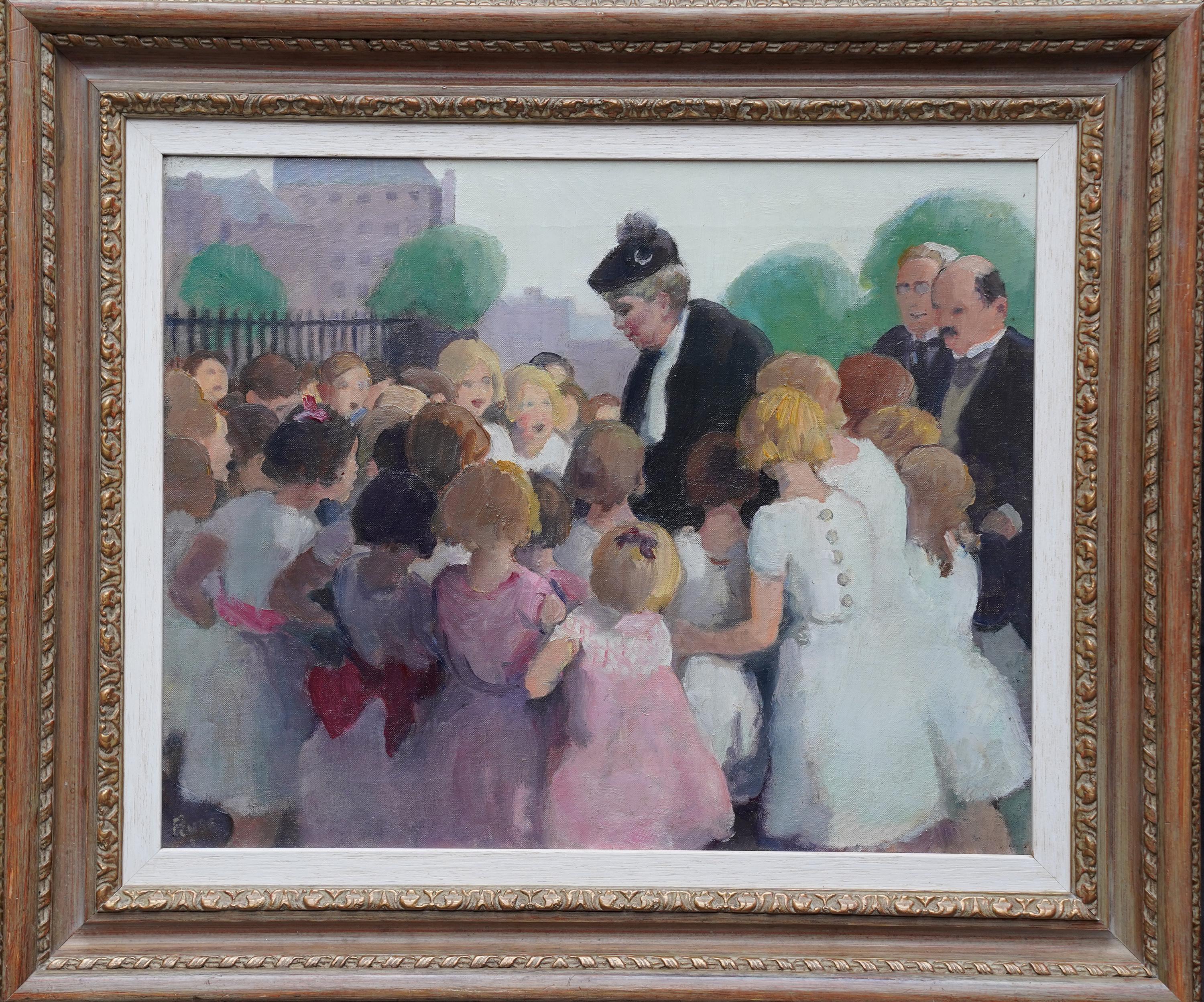 Portrait Painting Spencer Pryse - Les enfants de l'école Queen Mary Greeting - Peinture à l'huile de portrait de la royauté britannique de 1910