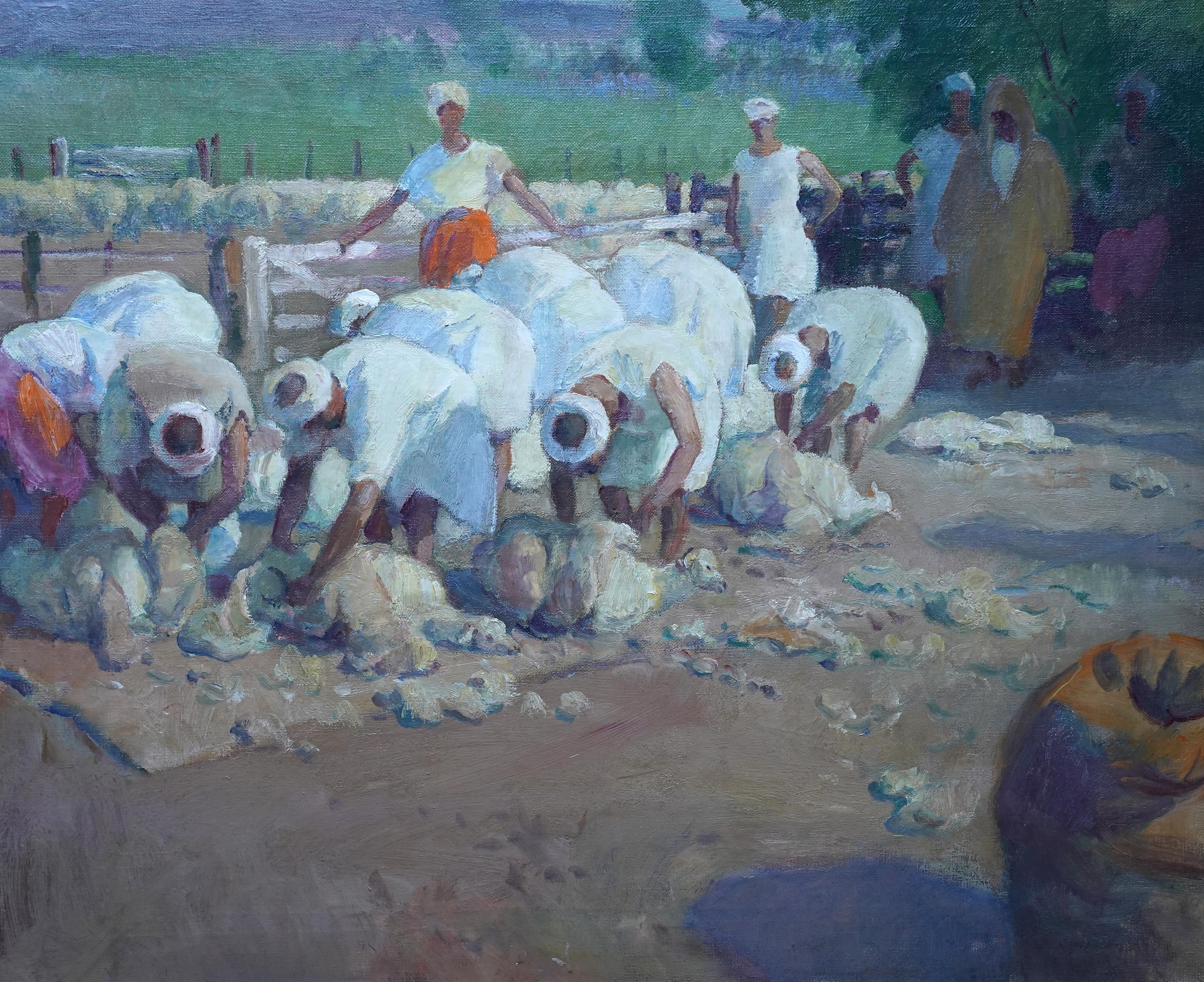 Sheep Shearers, Tangiers - British 1920's Orientalist figurative oil painting - Painting by Spencer Pryse